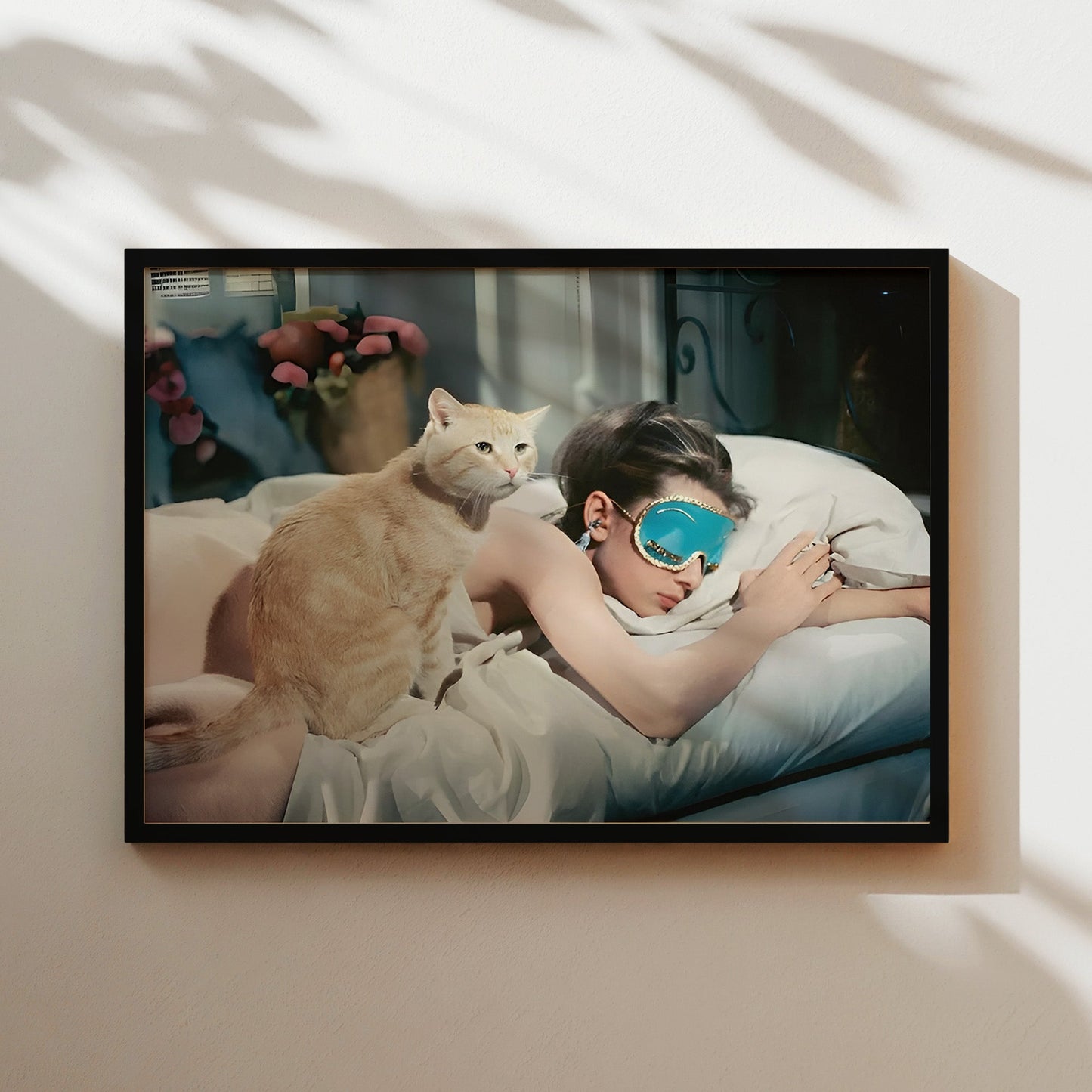 Audrey Hepburn Sleeping with Cat Wall Art Print - Vintage Hollywood Glamour Bedroom Decor - Breakfast at Tiffany's Movie Poster