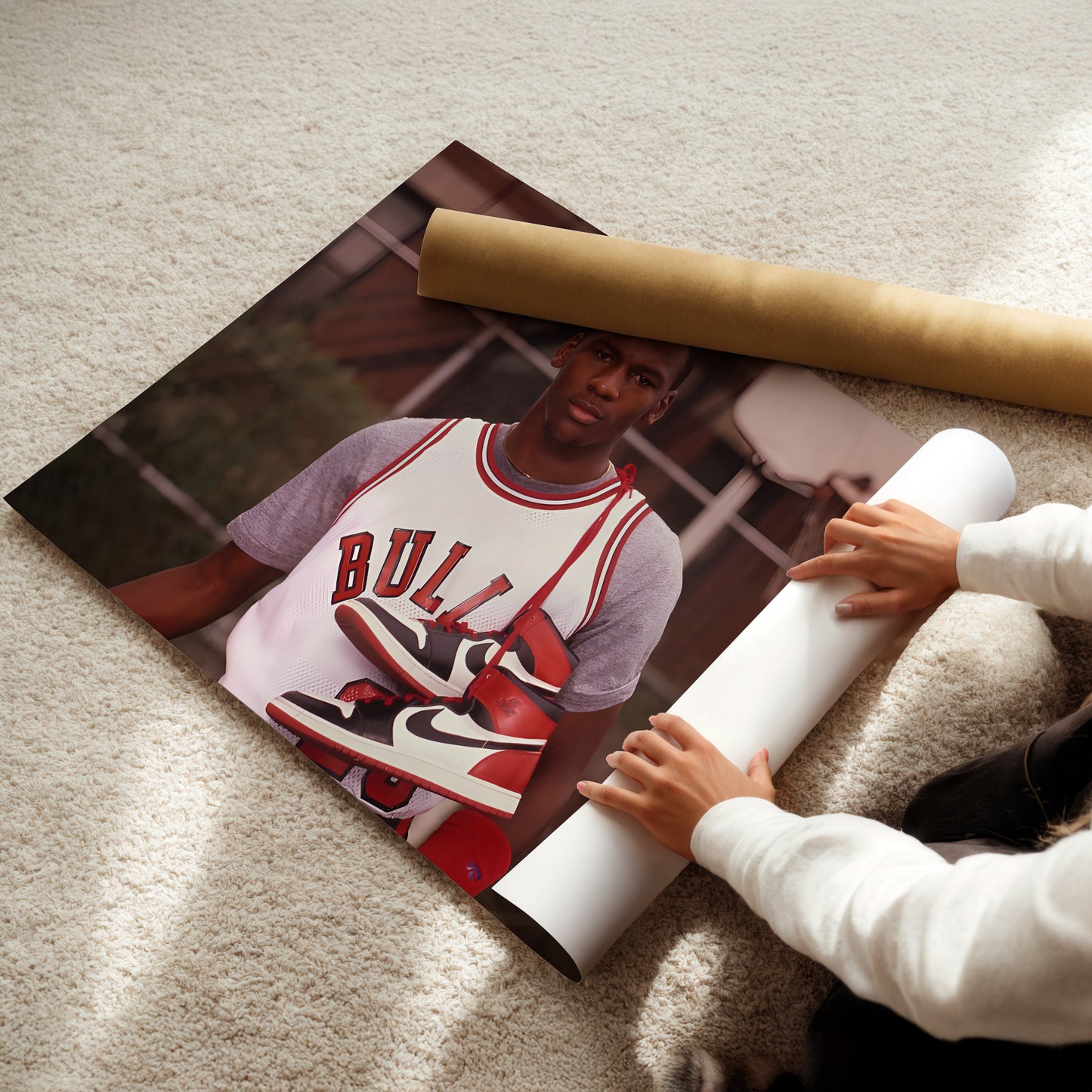 Young Michael Jordan with Air Jordan 1 Sneakers Wall Art - Basketball Legend Sports Poster - Chicago Bulls Streetwear Decor