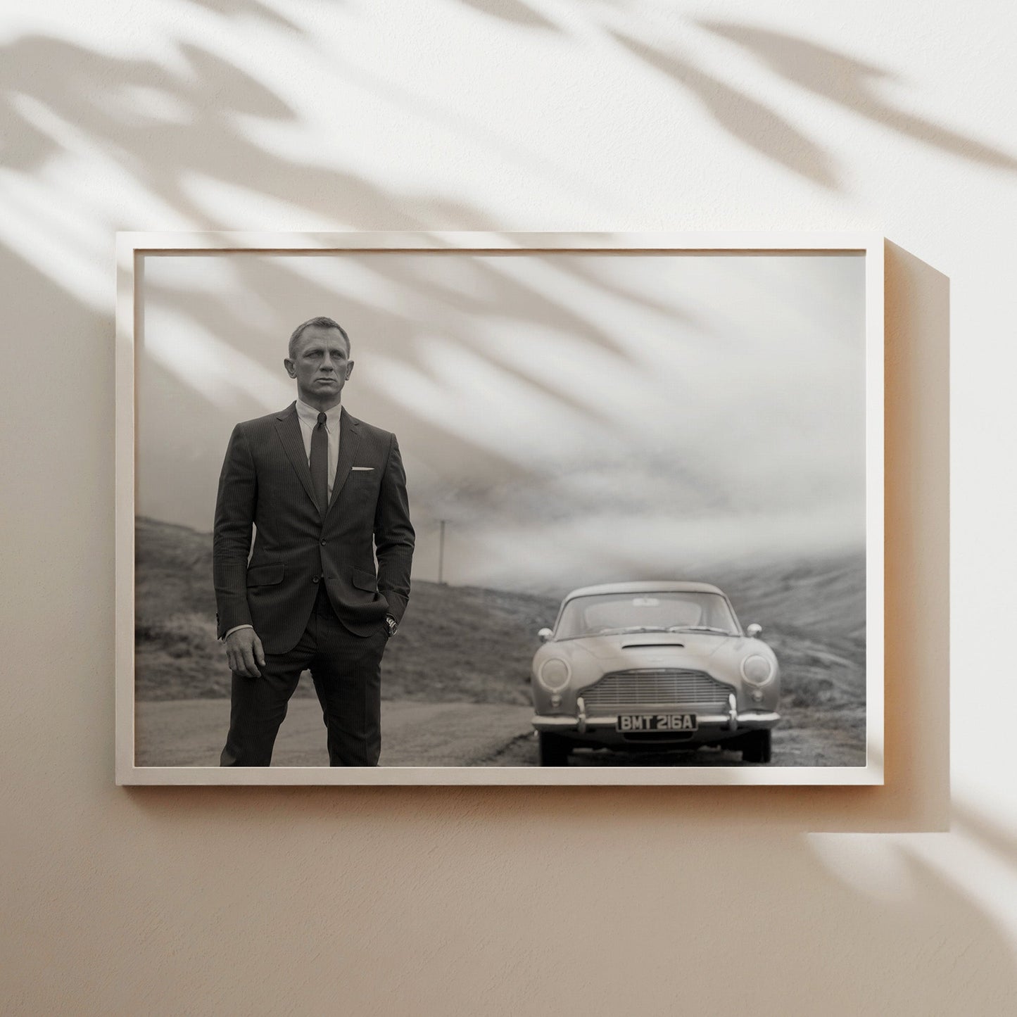James Bond Daniel Craig with Aston Martin Wall Art Print - Stylish Black and White Spy Movie Poster - Modern Man Cave Decor