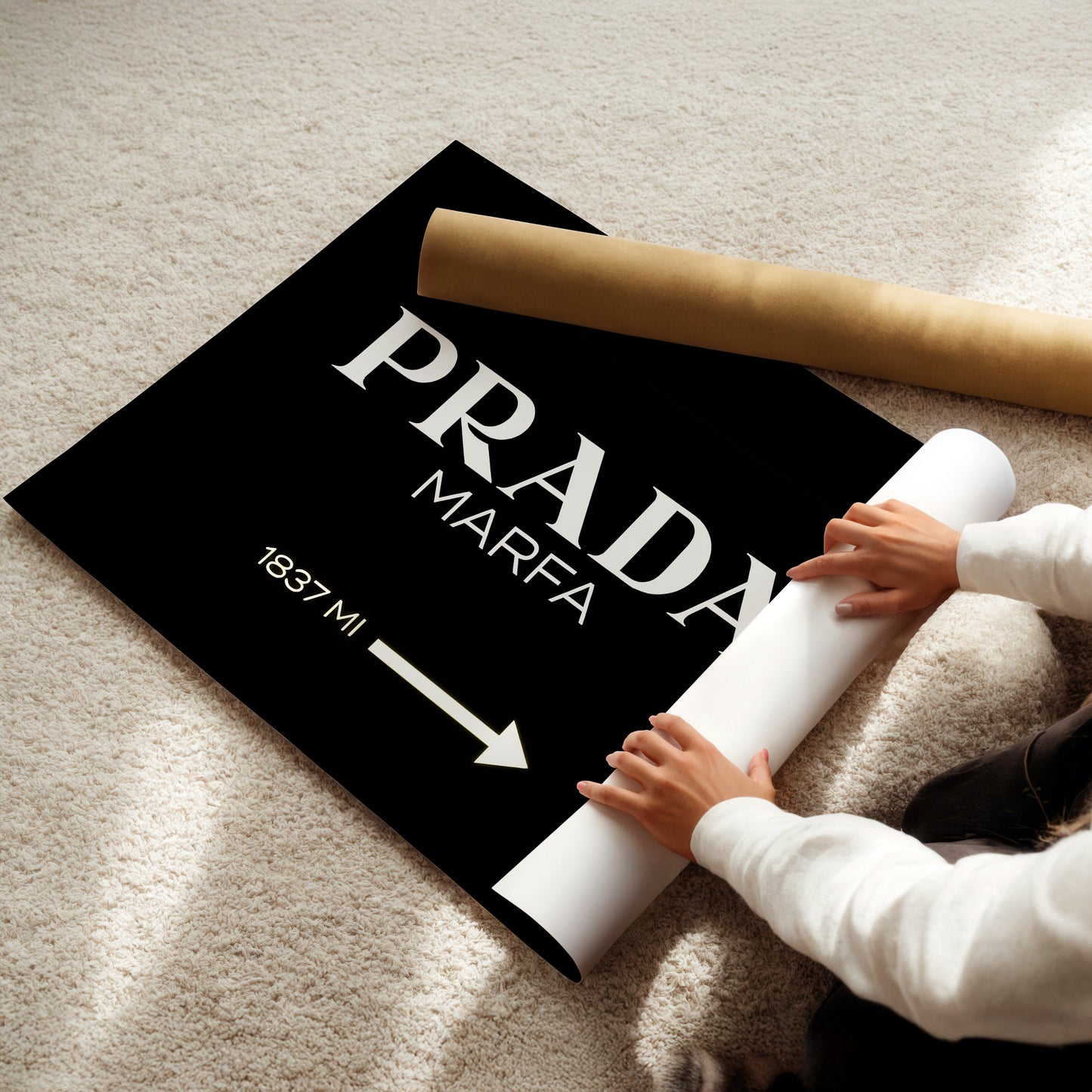 Prada Marfa Black Background Wall Art Print - Modern Luxury Fashion Poster - Bold Monochrome Wall Decor for Home or Office