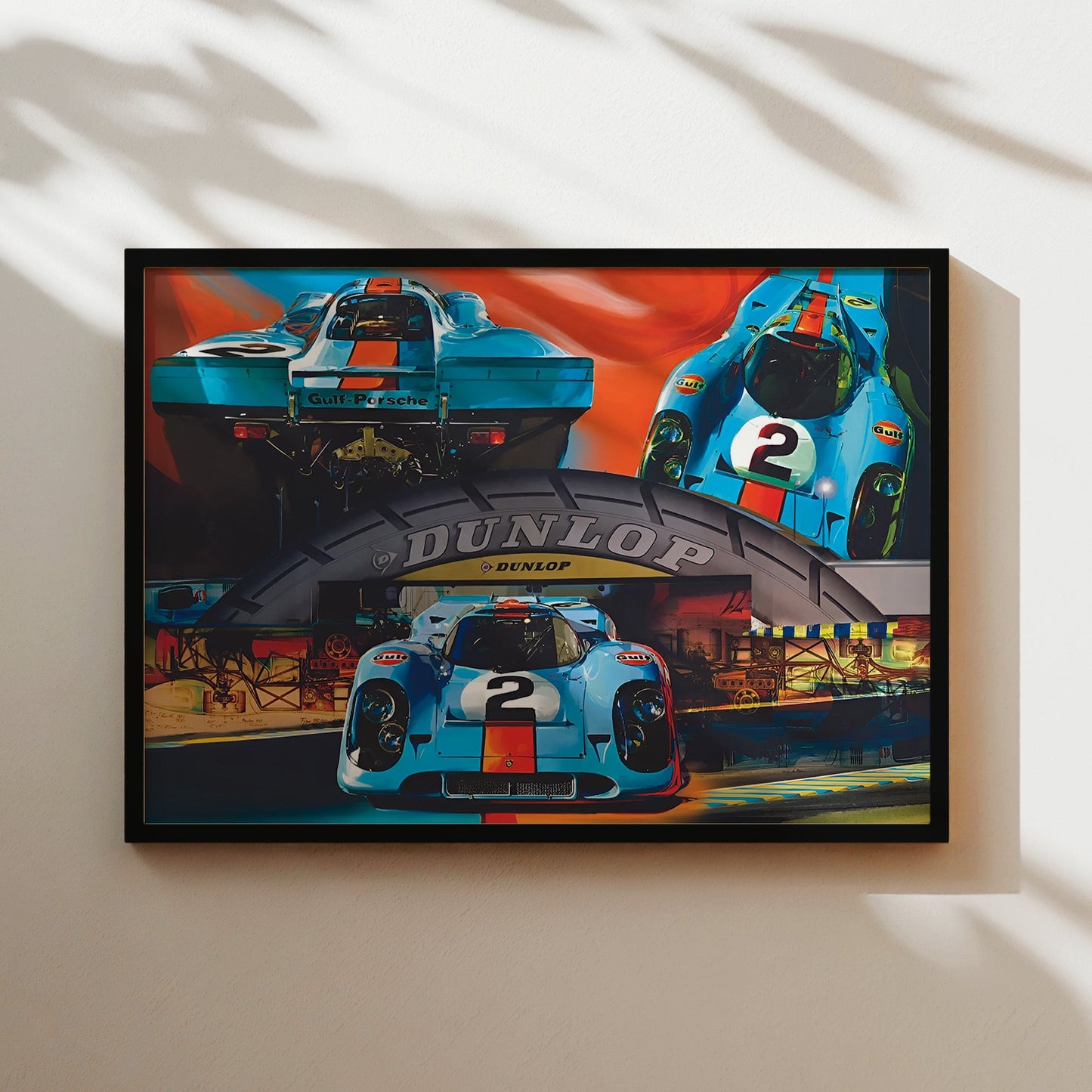 Porsche 917 at Dunlop Bridge Le Mans Wall Art - Gulf Racing Legends Poster - Vintage Motorsports Decor for Garage or Office