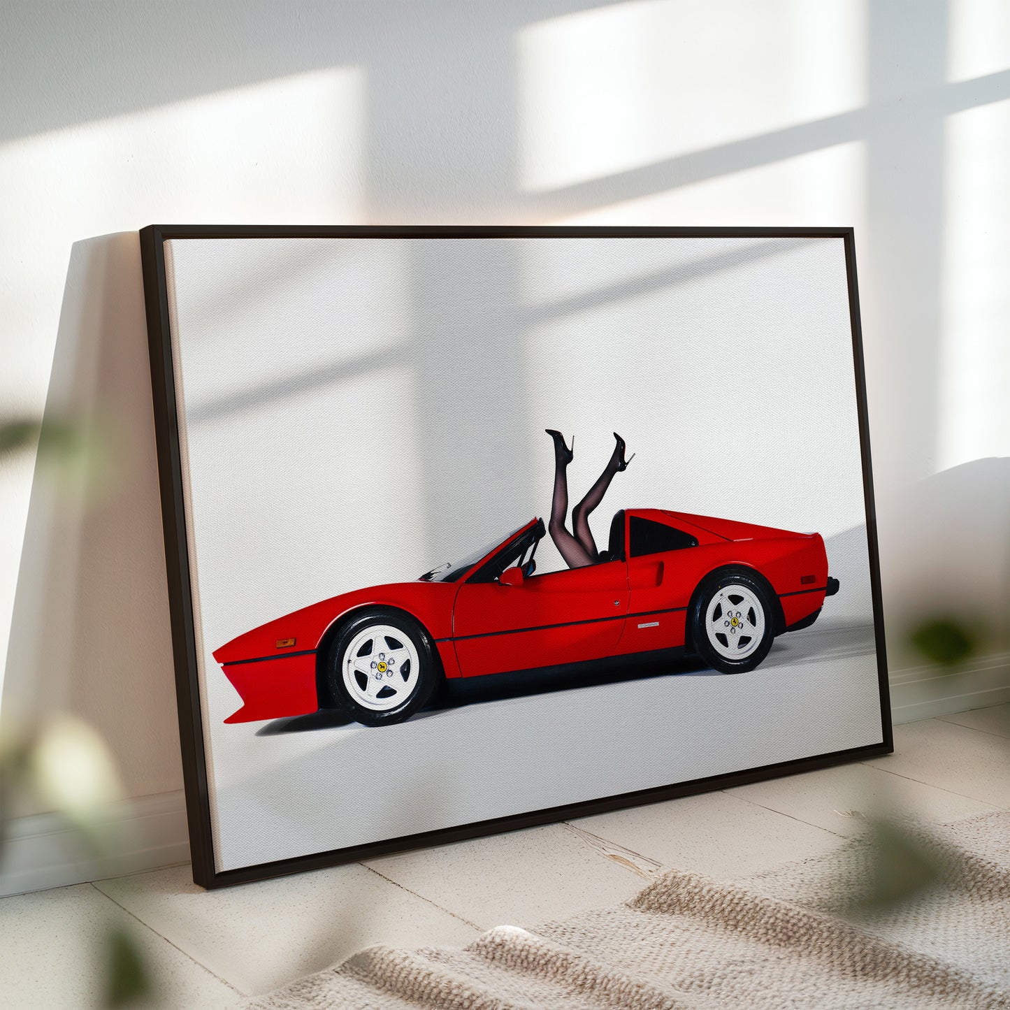 Woman's Legs in Red Ferrari Wall Art - Playful Vintage Glamour Car Poster - Bold Fun Decor for Auto Lovers, Pop Art Fans, Retro Spaces