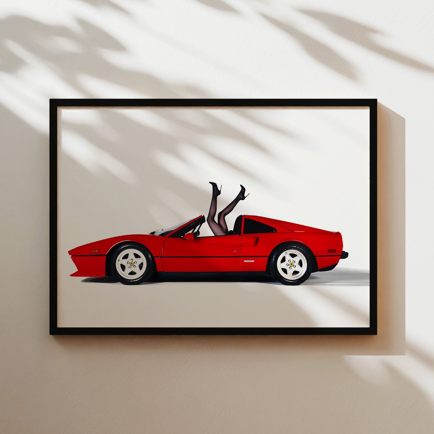 Woman's Legs in Red Ferrari Wall Art - Playful Vintage Glamour Car Poster - Bold Fun Decor for Auto Lovers, Pop Art Fans, Retro Spaces