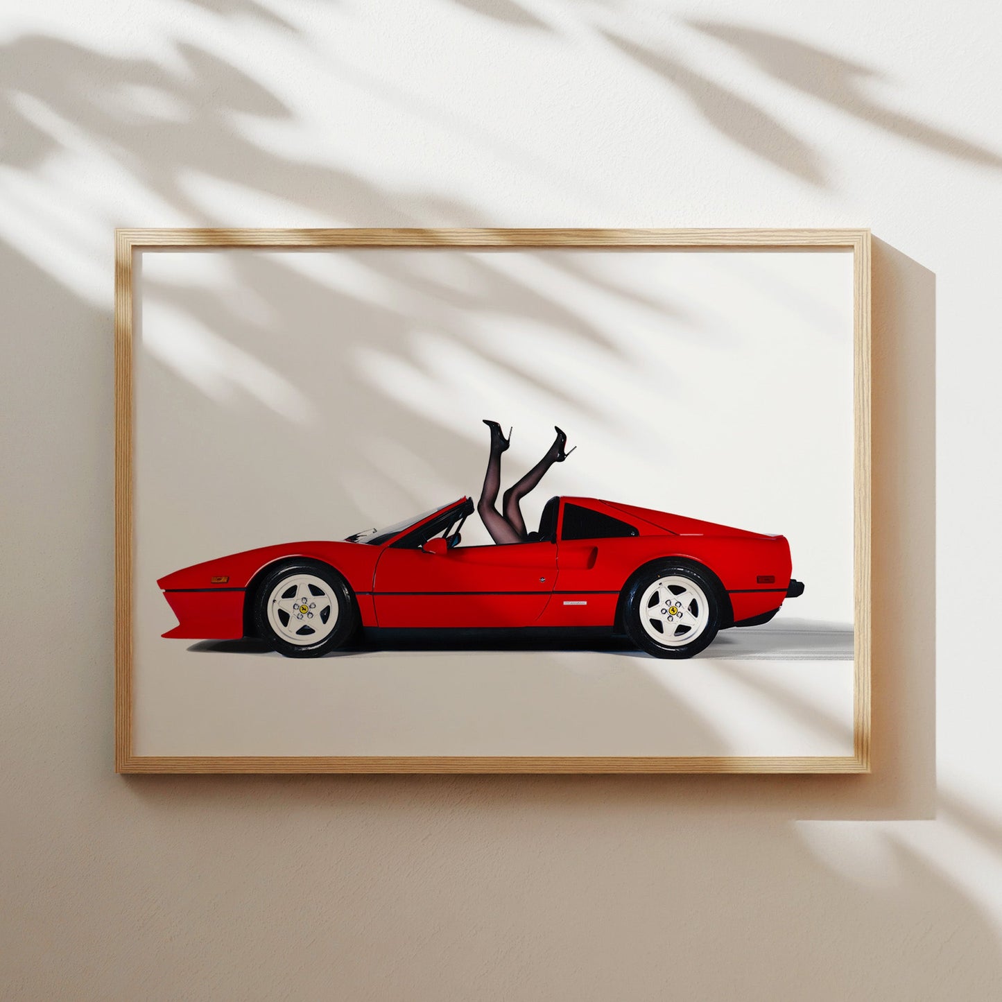 Woman's Legs in Red Ferrari Wall Art - Playful Vintage Glamour Car Poster - Bold Fun Decor for Auto Lovers, Pop Art Fans, Retro Spaces