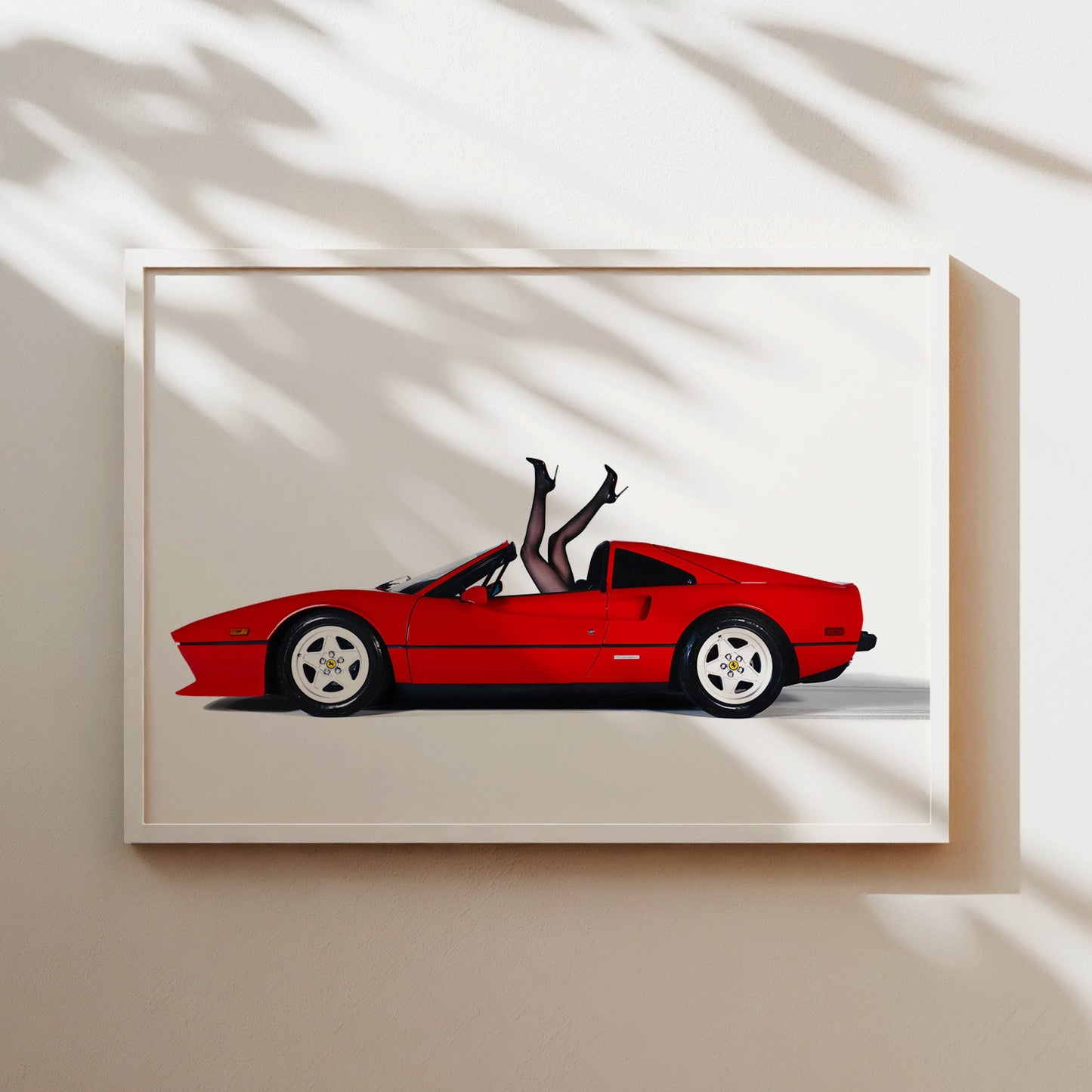 Woman's Legs in Red Ferrari Wall Art - Playful Vintage Glamour Car Poster - Bold Fun Decor for Auto Lovers, Pop Art Fans, Retro Spaces