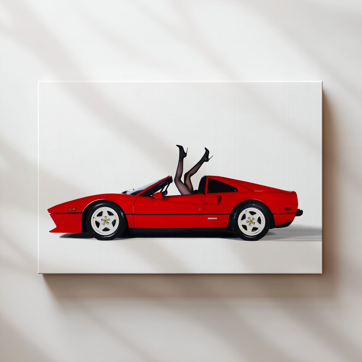 Woman's Legs in Red Ferrari Wall Art - Playful Vintage Glamour Car Poster - Bold Fun Decor for Auto Lovers, Pop Art Fans, Retro Spaces