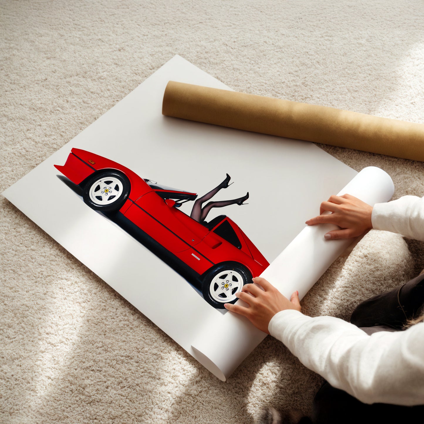 Woman's Legs in Red Ferrari Wall Art - Playful Vintage Glamour Car Poster - Bold Fun Decor for Auto Lovers, Pop Art Fans, Retro Spaces