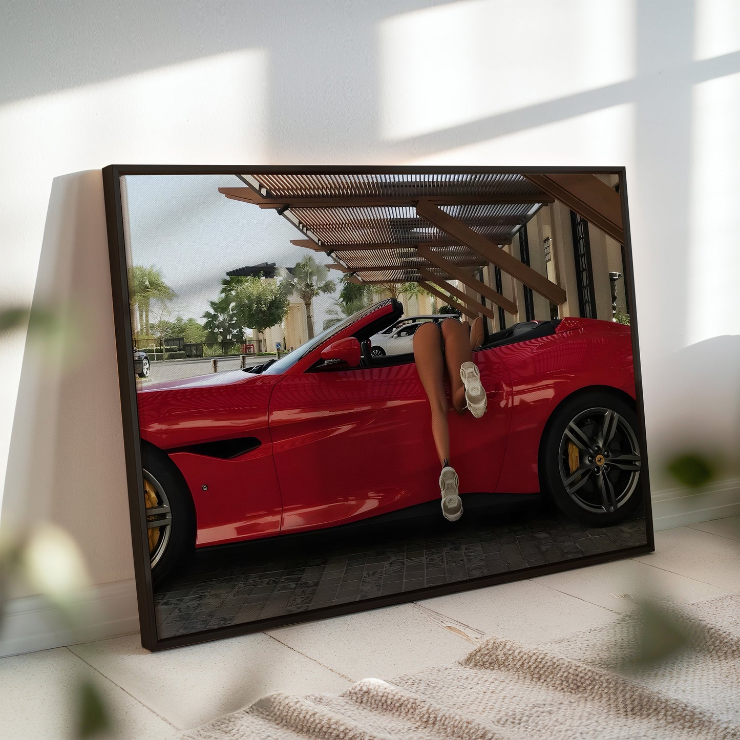 Woman Diving into Red Convertible Wall Art - Bold Playful Pop Art Poster - Fun Luxury Car Decor for Auto Enthusiasts and Modern Interiors