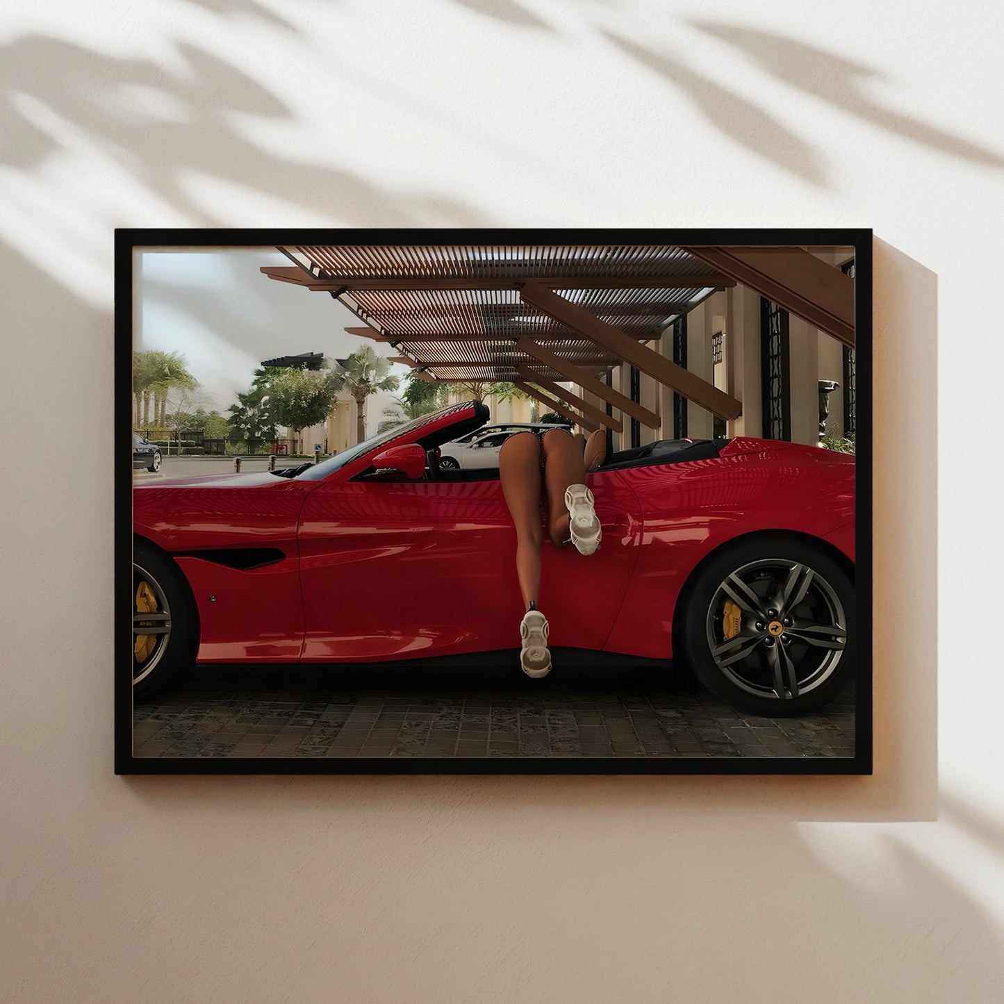 Woman Diving into Red Convertible Wall Art - Bold Playful Pop Art Poster - Fun Luxury Car Decor for Auto Enthusiasts and Modern Interiors