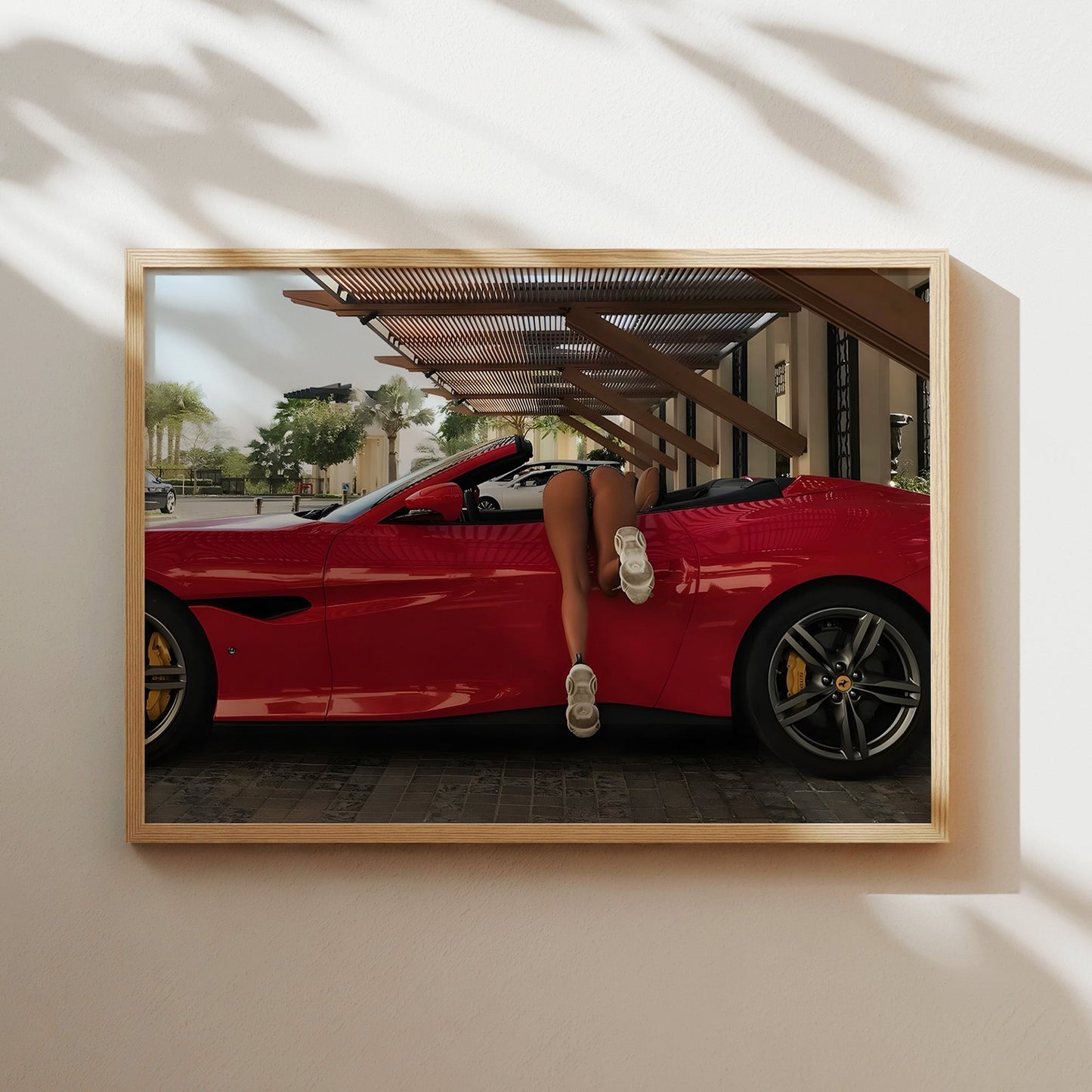 Woman Diving into Red Convertible Wall Art - Bold Playful Pop Art Poster - Fun Luxury Car Decor for Auto Enthusiasts and Modern Interiors