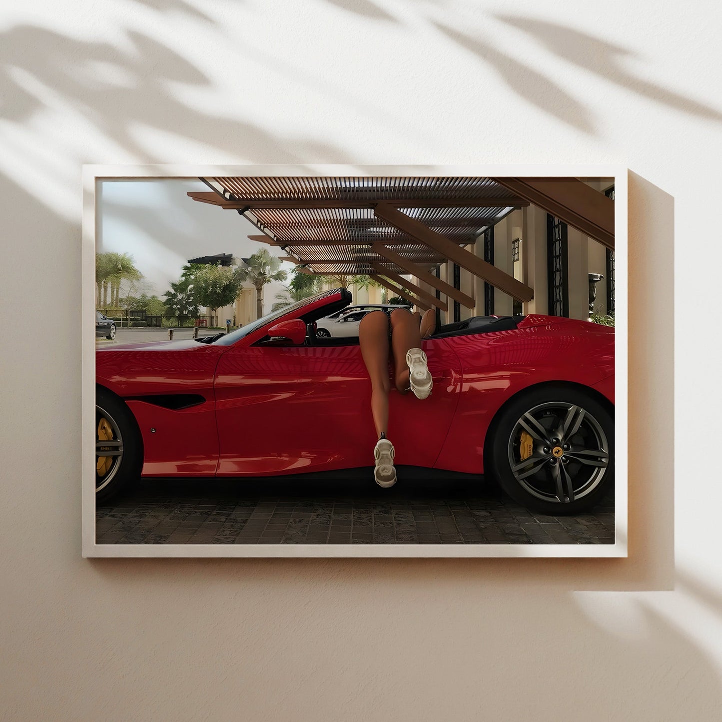 Woman Diving into Red Convertible Wall Art - Bold Playful Pop Art Poster - Fun Luxury Car Decor for Auto Enthusiasts and Modern Interiors