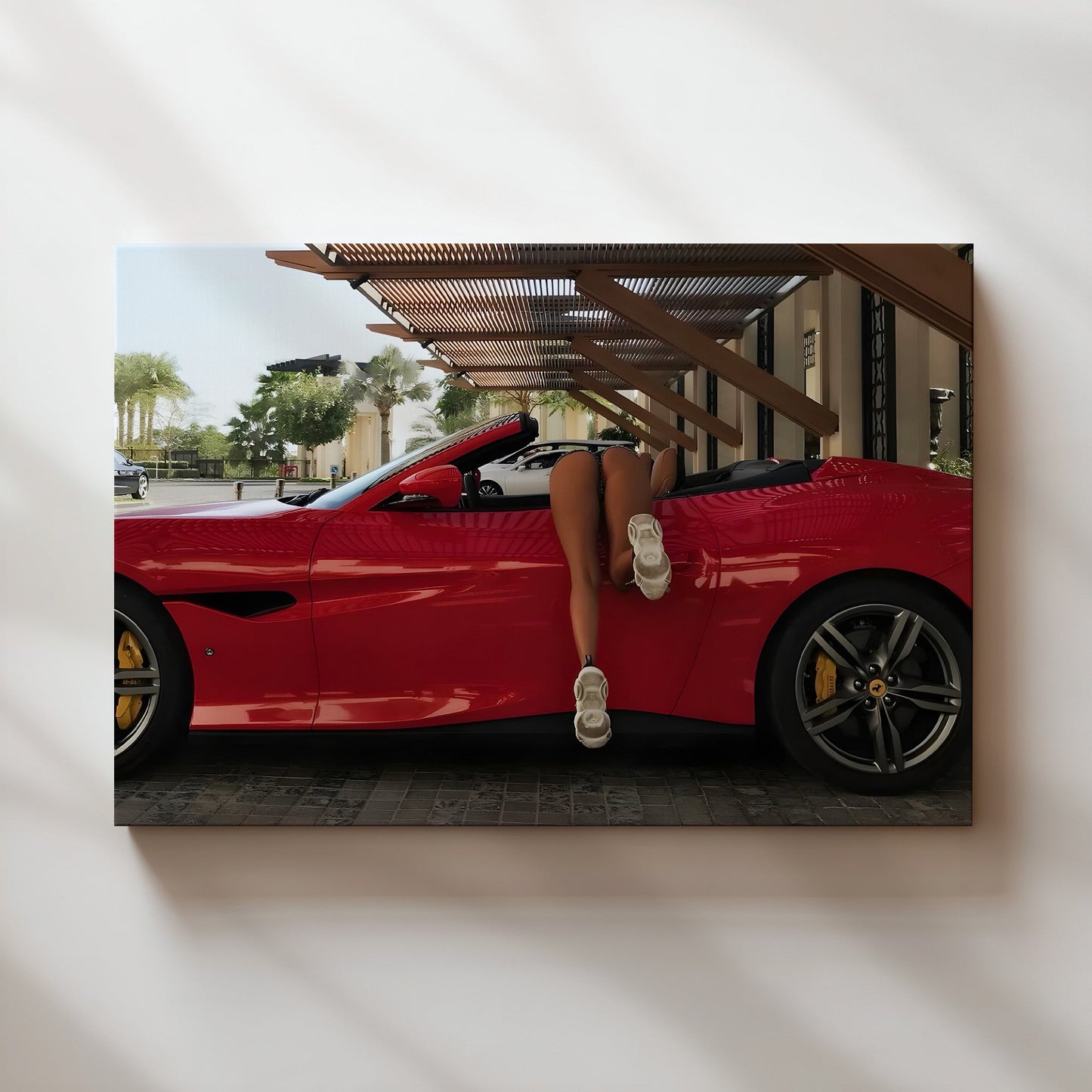 Woman Diving into Red Convertible Wall Art - Bold Playful Pop Art Poster - Fun Luxury Car Decor for Auto Enthusiasts and Modern Interiors