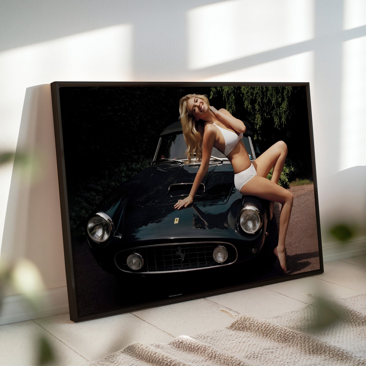 Woman on Vintage Ferrari Wall Art - Glamorous Retro Automotive Poster - Bold Fashion and Car Lover Decor for Stylish Modern Home Interiors