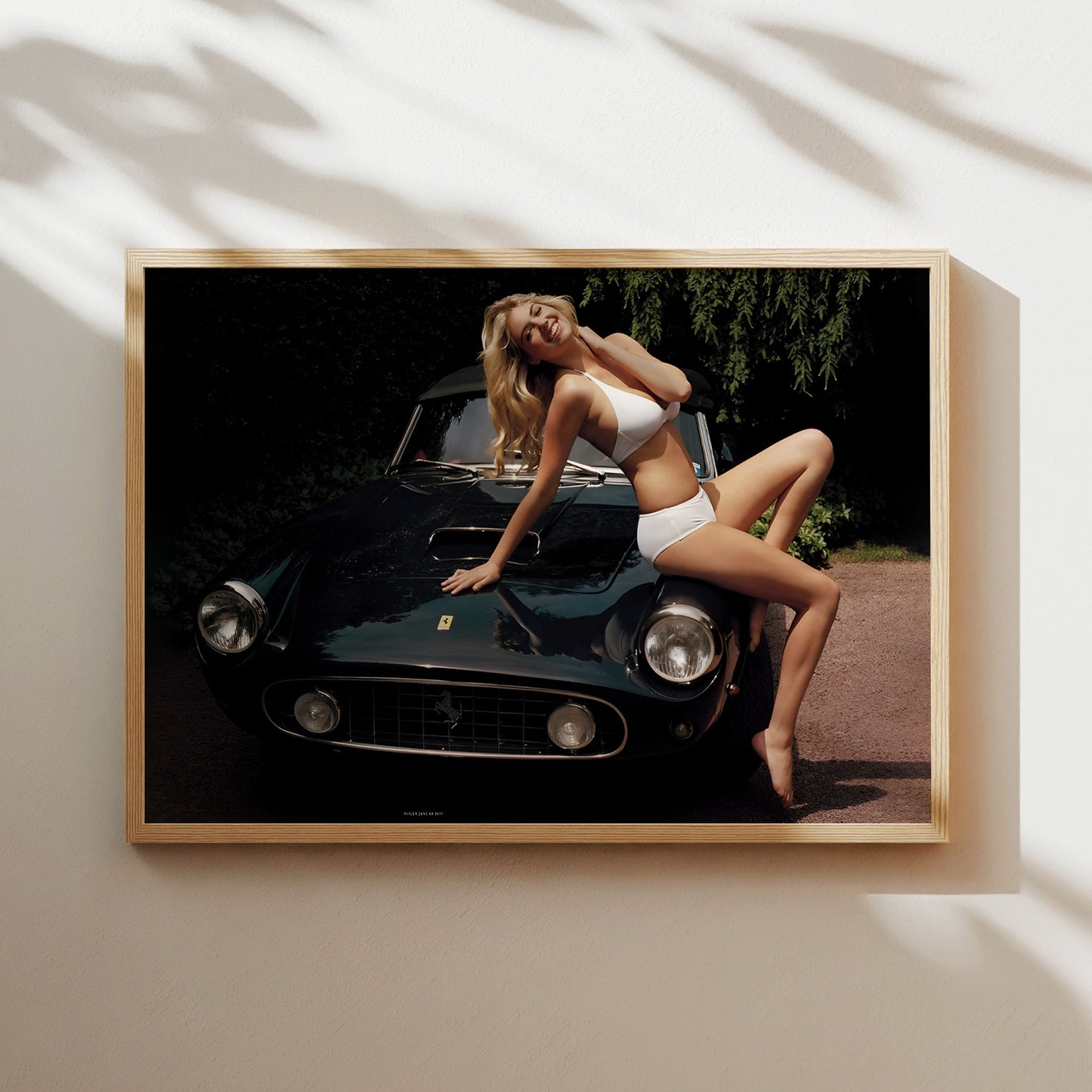 Woman on Vintage Ferrari Wall Art - Glamorous Retro Automotive Poster - Bold Fashion and Car Lover Decor for Stylish Modern Home Interiors
