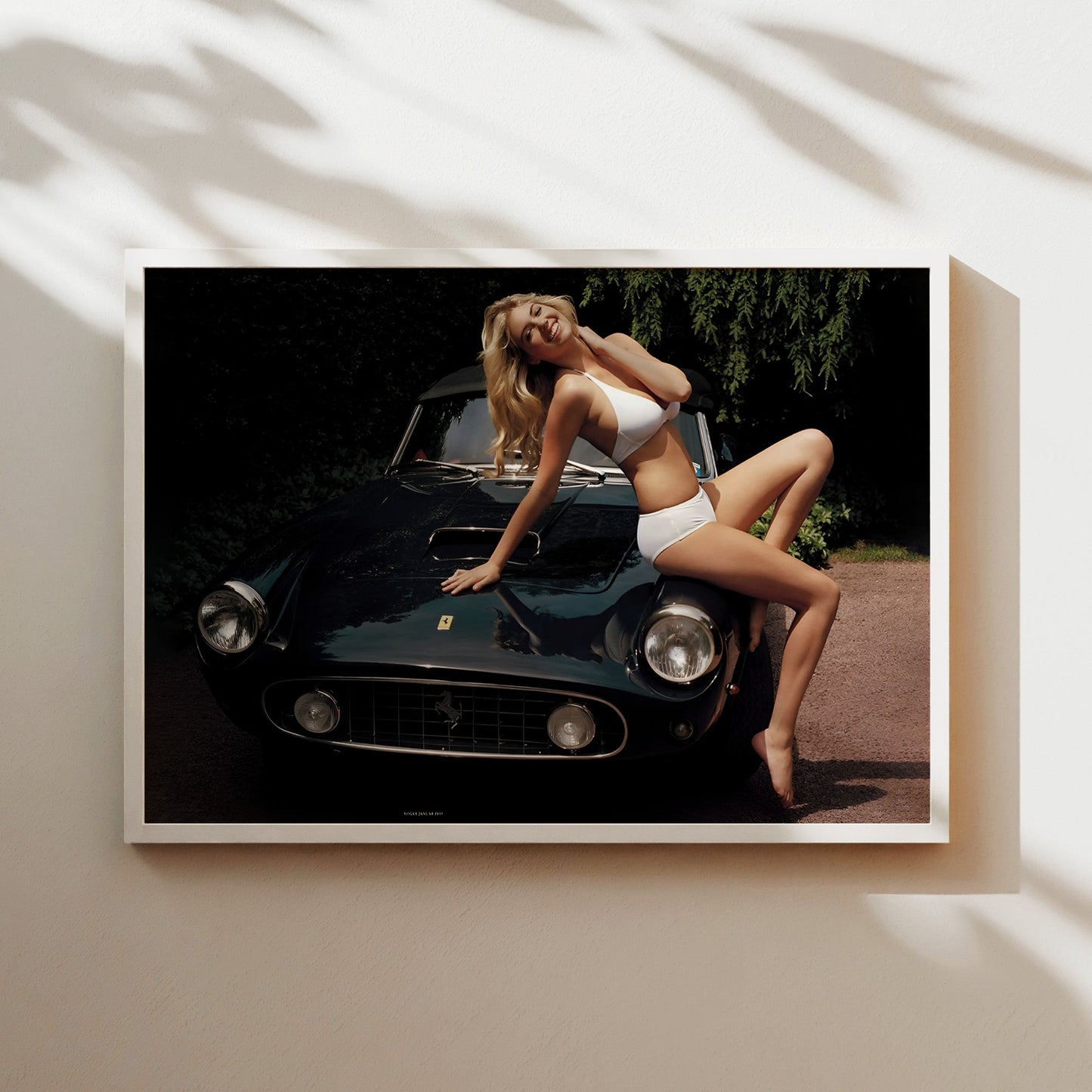 Woman on Vintage Ferrari Wall Art - Glamorous Retro Automotive Poster - Bold Fashion and Car Lover Decor for Stylish Modern Home Interiors