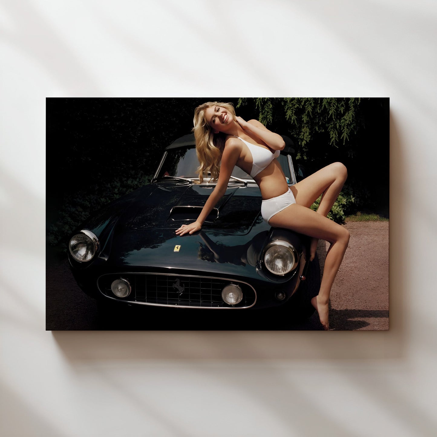 Woman on Vintage Ferrari Wall Art - Glamorous Retro Automotive Poster - Bold Fashion and Car Lover Decor for Stylish Modern Home Interiors