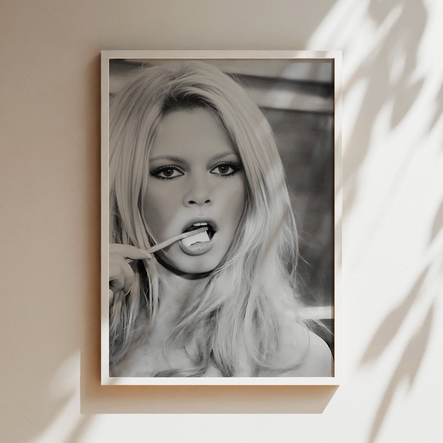 Brigitte Bardot Brushing Teeth Art Print, Vintage French Icon Poster, Retro Bathroom Wall Decor, Canvas or Framed Options