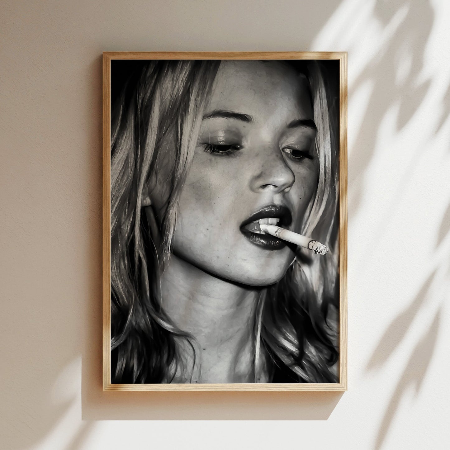 Kate Moss Smoking Cigarette Wall Art, Grunge Supermodel Poster Canvas, Edgy 90s Fashion Icon Print for Modern Vintage Room Decor