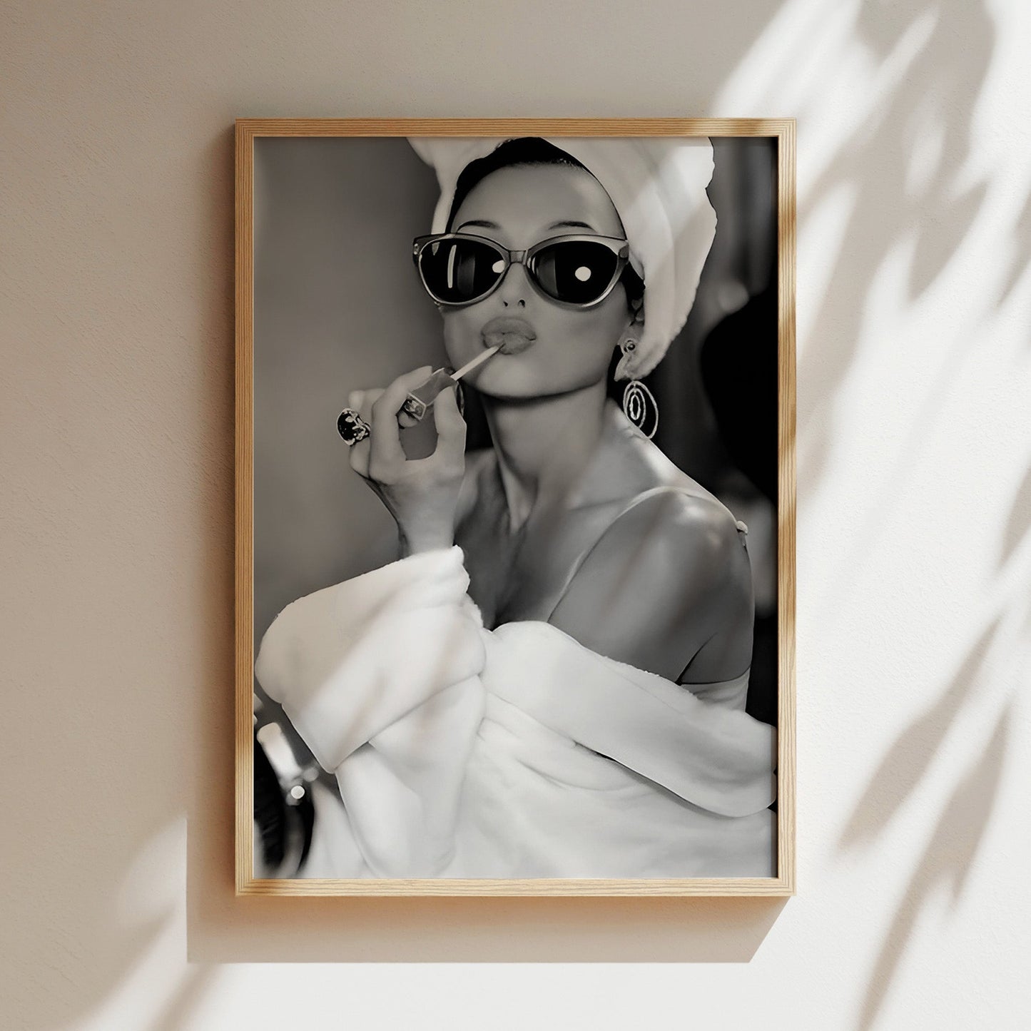 Audrey Hepburn Applying Lipstick Canvas, Classic Hollywood Beauty Wall Art, Feminine Glamour Poster Print for Bedroom or Vanity Decor