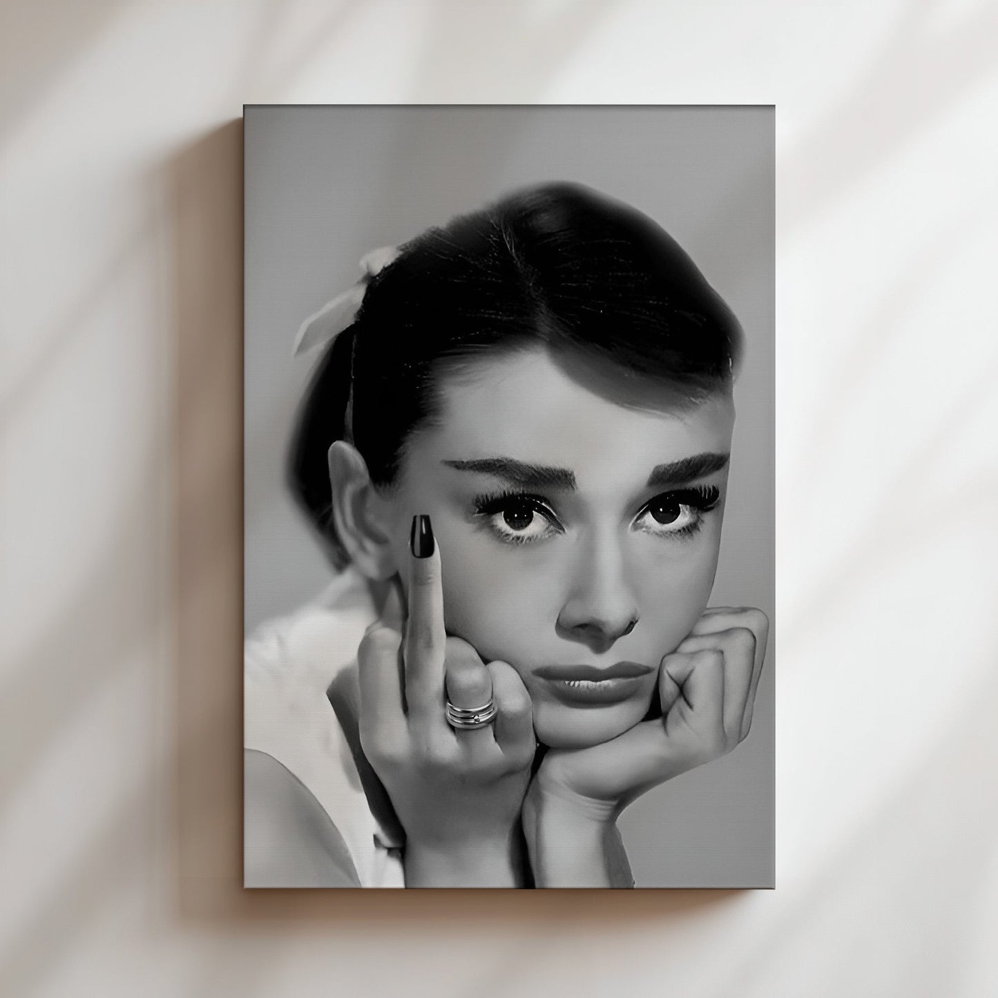 Audrey Hepburn Middle Finger Poster, Bold Retro Canvas Print with Attitude, Iconic Celebrity Wall Art for Edgy Glam Home or Studio