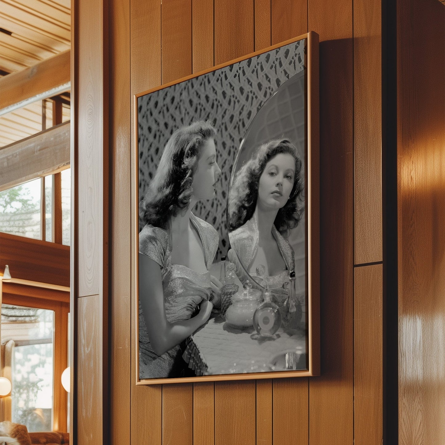 Ava Gardner Posing in Mirror Canvas Print, Retro Hollywood Glam Wall Art, Classic Actress Portrait Poster for Elegant Home Decor