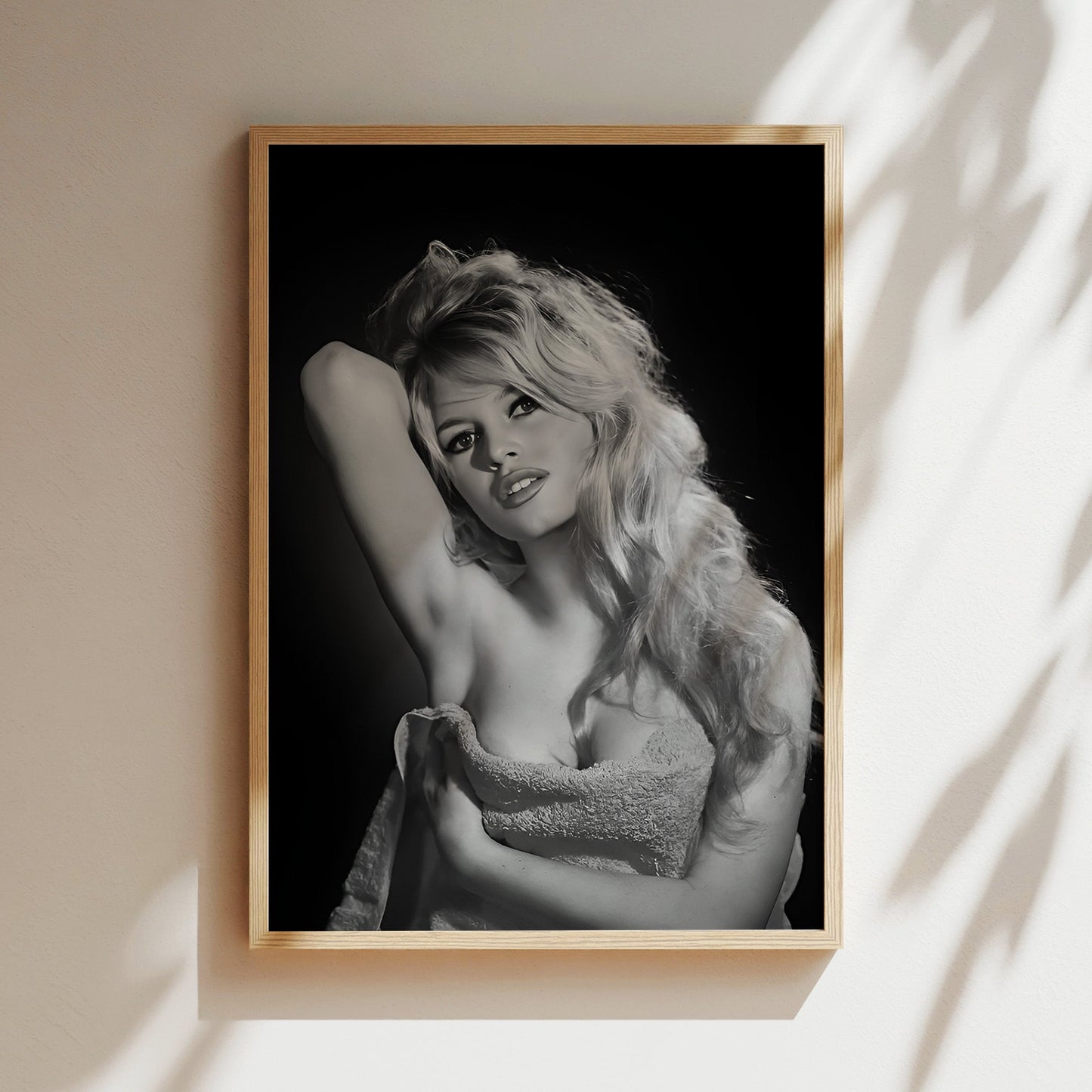 Brigette Bardot in Bath Towel Wall Art, Classic French Icon Canvas Print, Retro Hollywood Glam Poster for Elegant Bathroom or Bedroom Decor