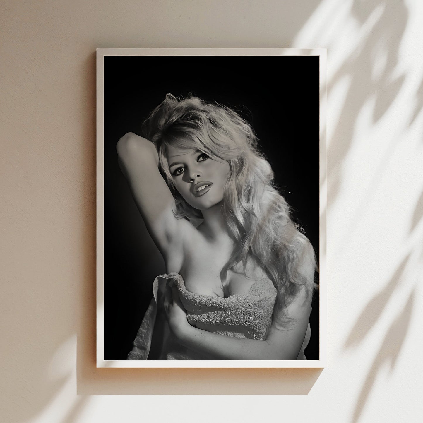Brigette Bardot in Bath Towel Wall Art, Classic French Icon Canvas Print, Retro Hollywood Glam Poster for Elegant Bathroom or Bedroom Decor