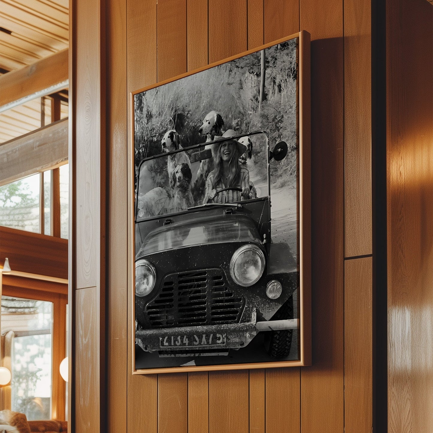 Brigette Bardot in Car with Dogs Canvas Print, Vintage French Icon Wall Art, Retro Celebrity Poster with Dogs for Chic Home or Studio Decor
