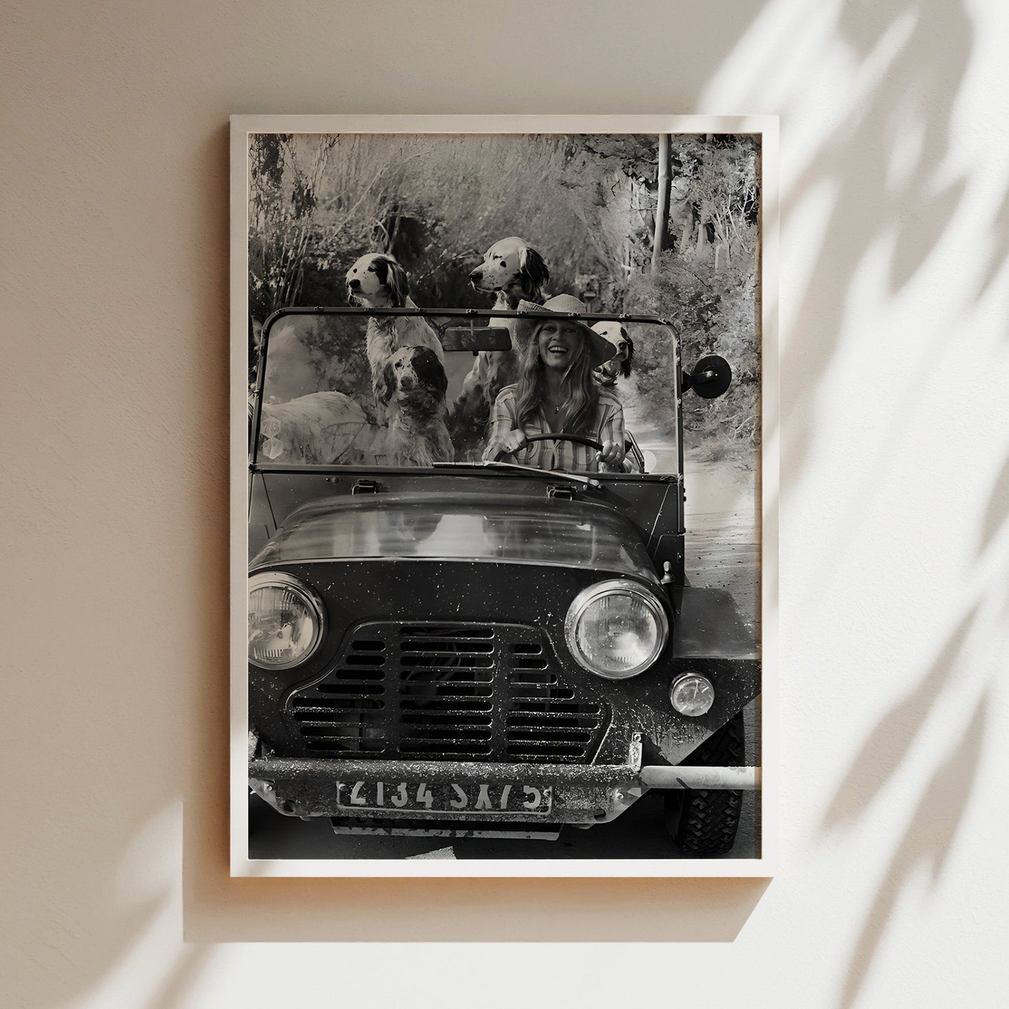 Brigette Bardot in Car with Dogs Canvas Print, Vintage French Icon Wall Art, Retro Celebrity Poster with Dogs for Chic Home or Studio Decor