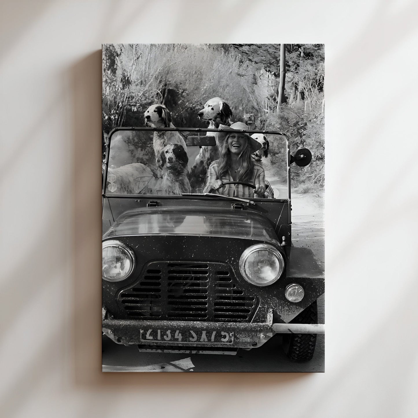 Brigette Bardot in Car with Dogs Canvas Print, Vintage French Icon Wall Art, Retro Celebrity Poster with Dogs for Chic Home or Studio Decor