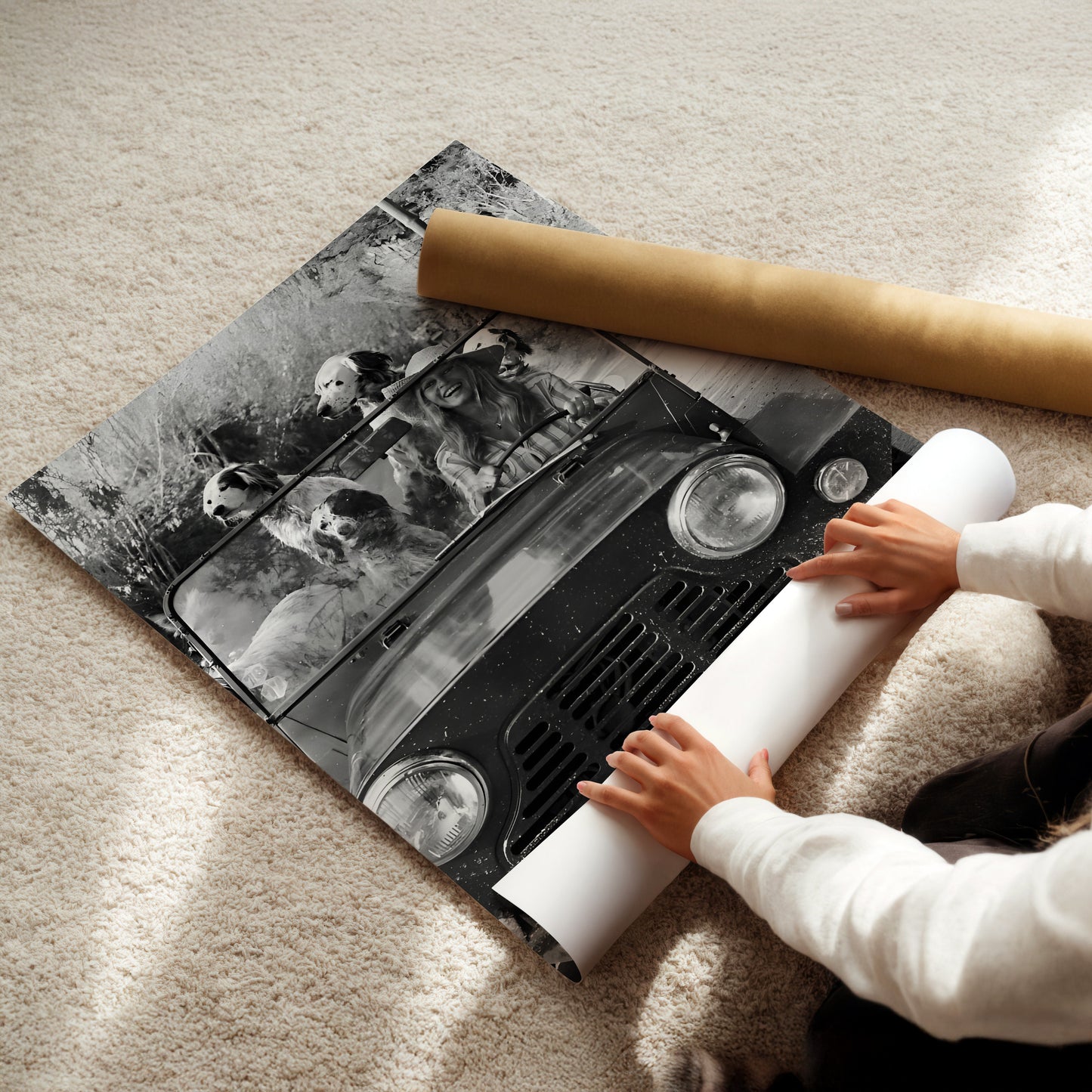 Brigette Bardot in Car with Dogs Canvas Print, Vintage French Icon Wall Art, Retro Celebrity Poster with Dogs for Chic Home or Studio Decor