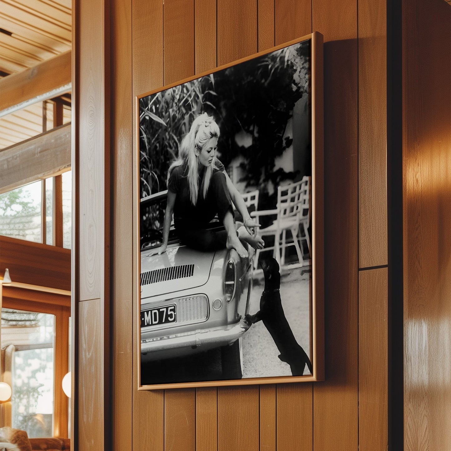 Brigette Bardot on Car with Dog Canvas Print, Vintage French Icon Wall Art, Retro Celebrity Poster for Stylish Animal Lover Decor