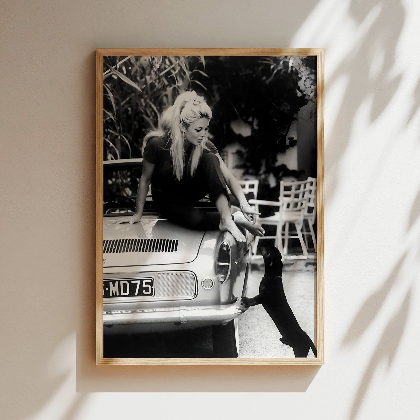 Brigette Bardot on Car with Dog Canvas Print, Vintage French Icon Wall Art, Retro Celebrity Poster for Stylish Animal Lover Decor