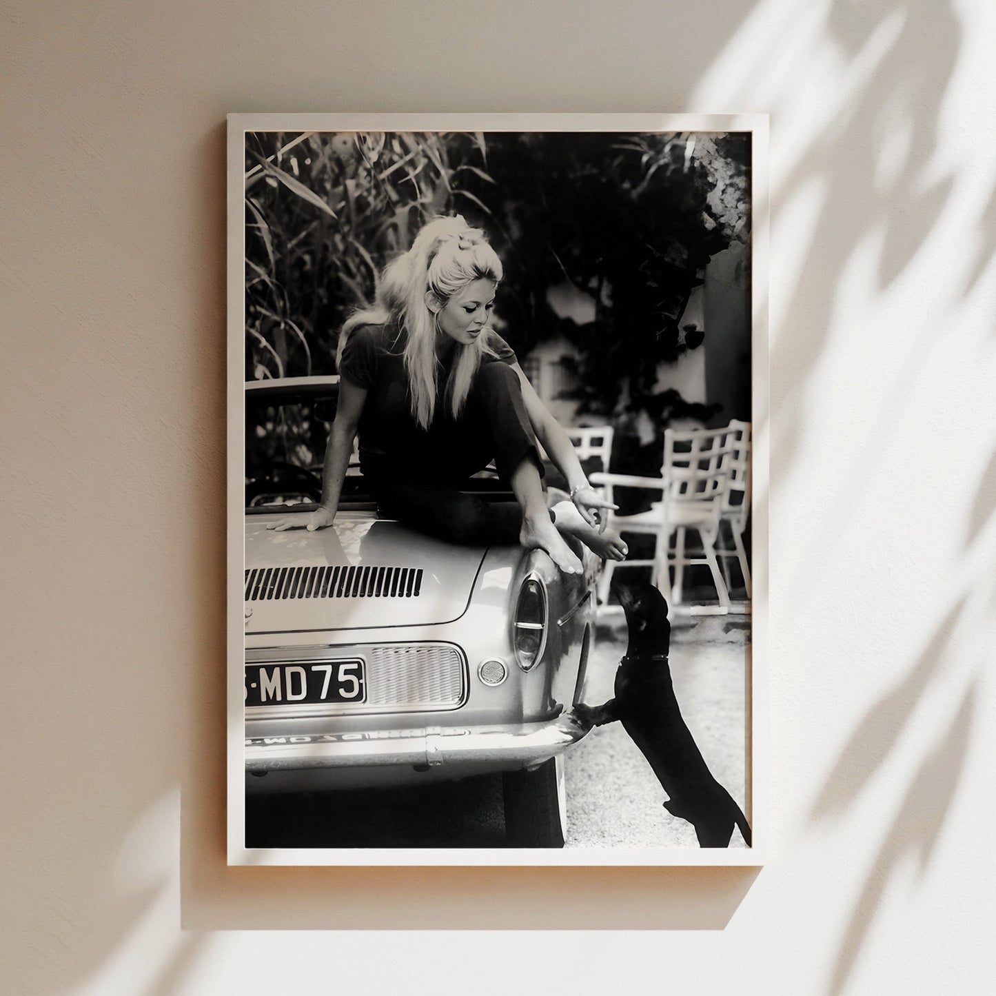 Brigette Bardot on Car with Dog Canvas Print, Vintage French Icon Wall Art, Retro Celebrity Poster for Stylish Animal Lover Decor