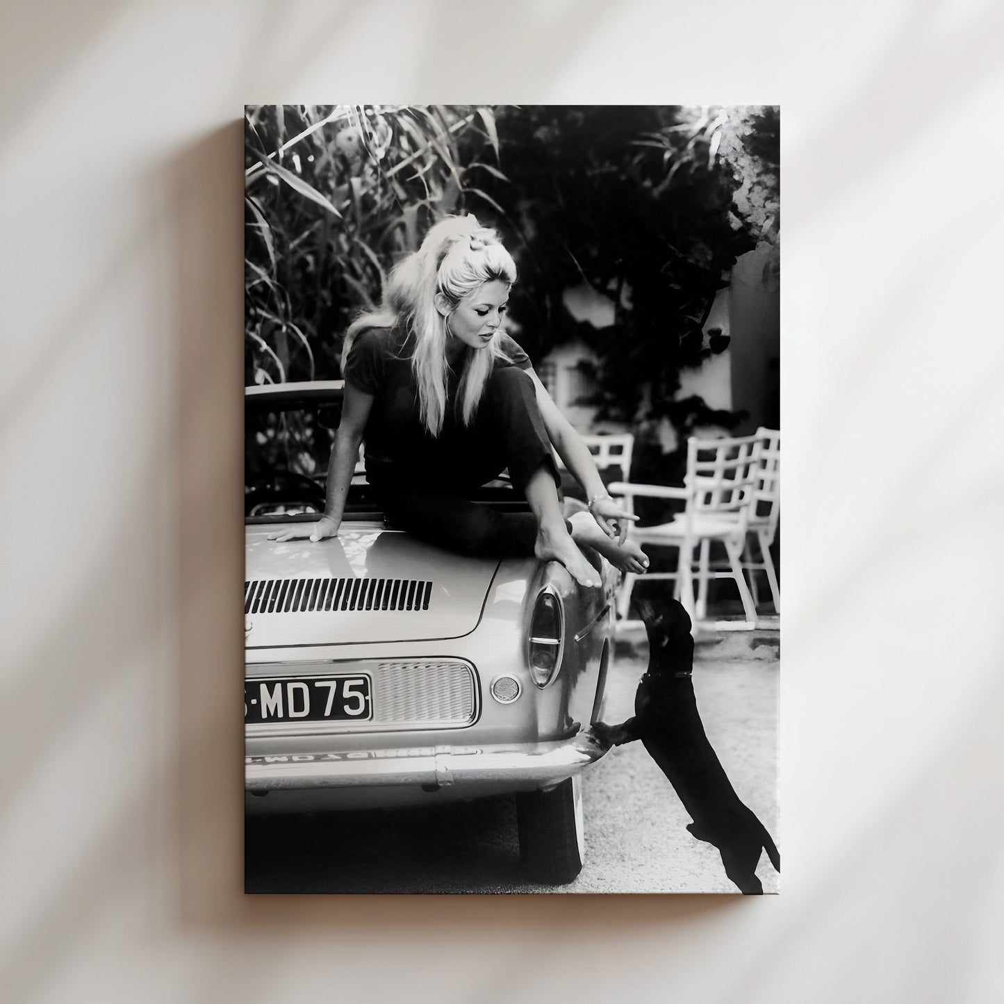 Brigette Bardot on Car with Dog Canvas Print, Vintage French Icon Wall Art, Retro Celebrity Poster for Stylish Animal Lover Decor
