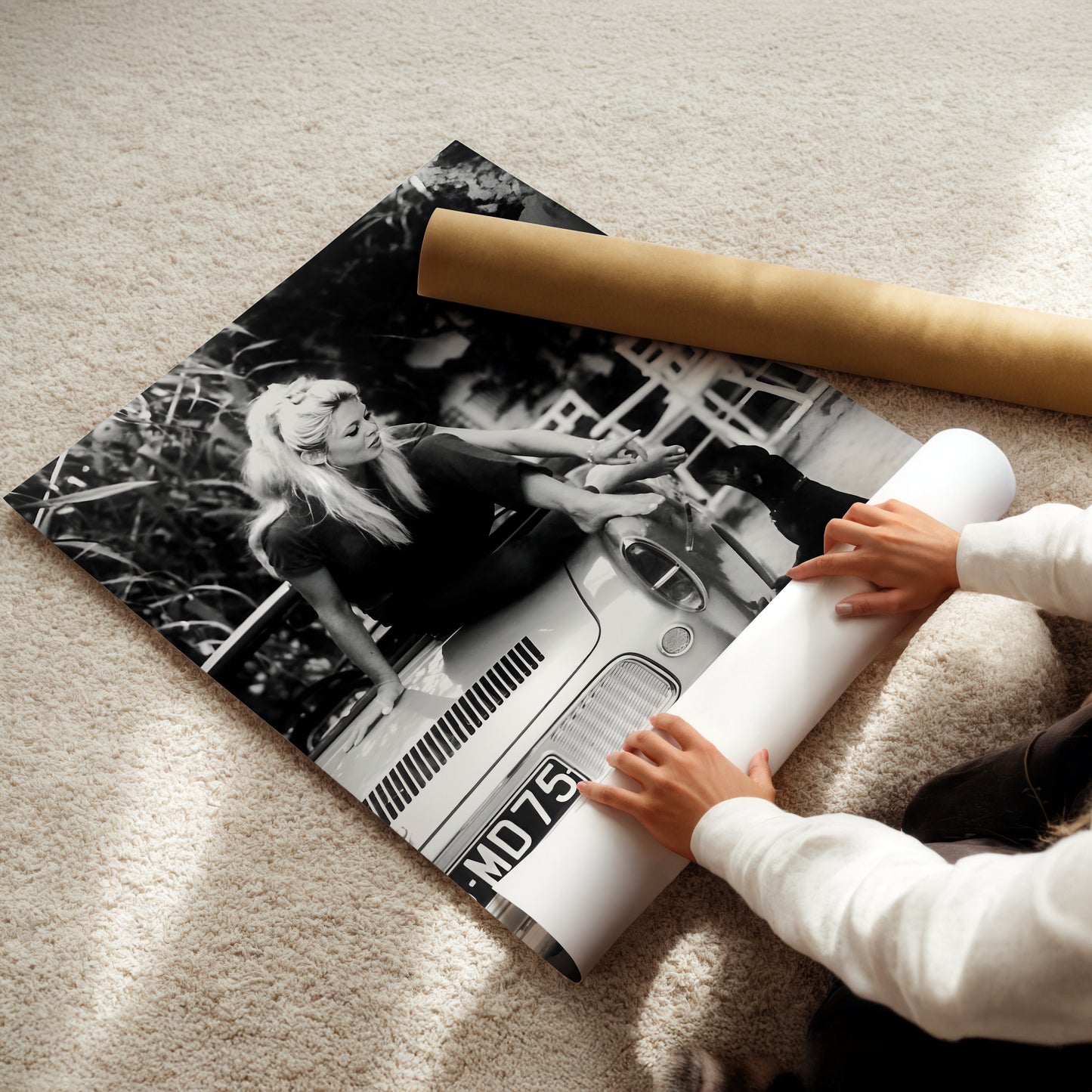 Brigette Bardot on Car with Dog Canvas Print, Vintage French Icon Wall Art, Retro Celebrity Poster for Stylish Animal Lover Decor