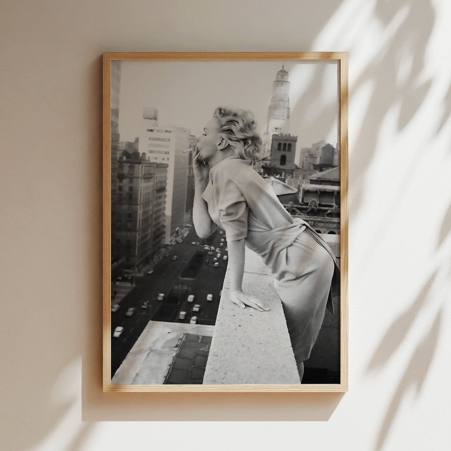 Marilyn Monroe Smoking on New York Rooftop Canvas Print, Vintage Hollywood Icon Wall Art Poster, Classic Starlet Glam for Urban Decor