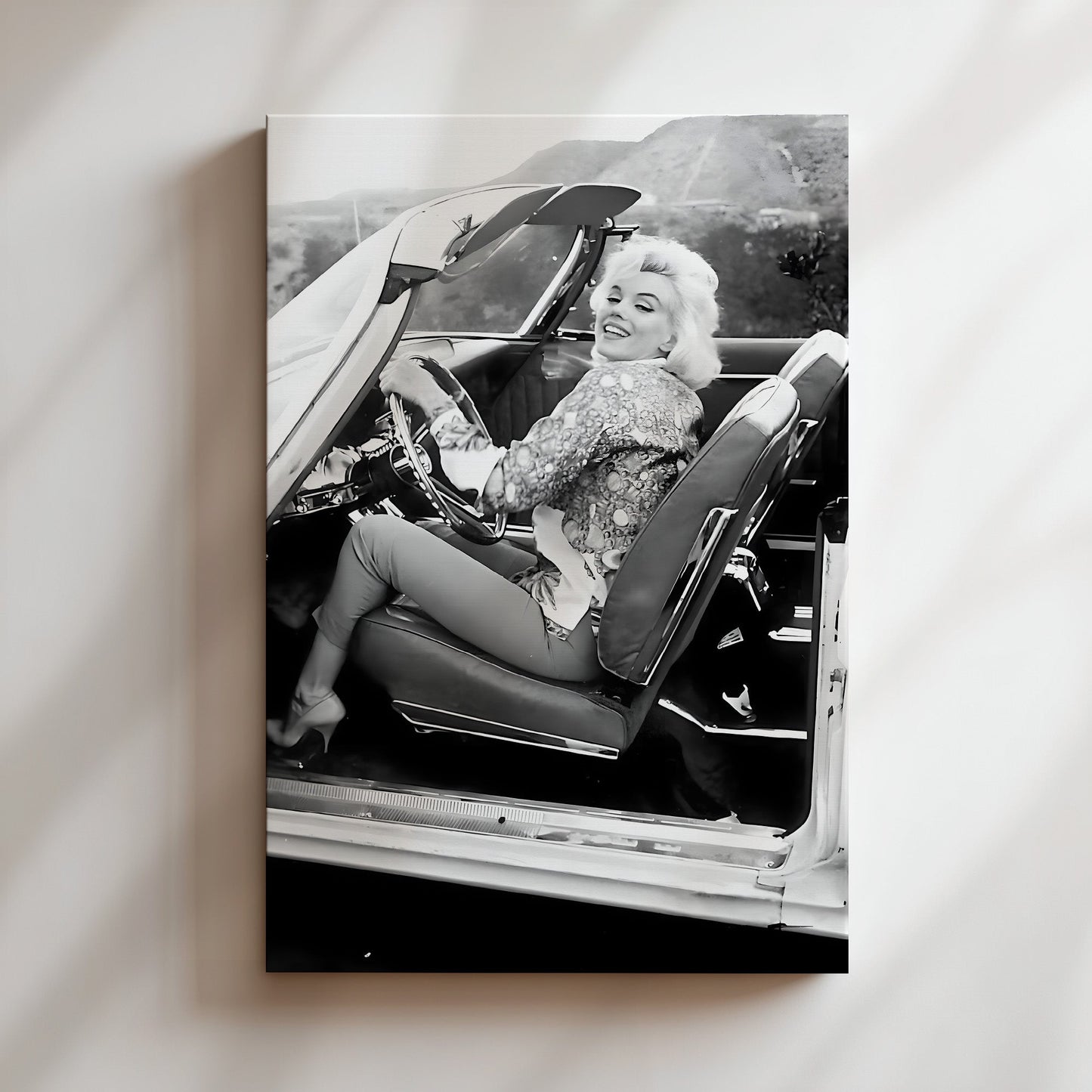 Marilyn Monroe in Car Canvas Print, Vintage Hollywood Icon Wall Art Poster, Classic Celebrity Glam for Timeless Home Decor