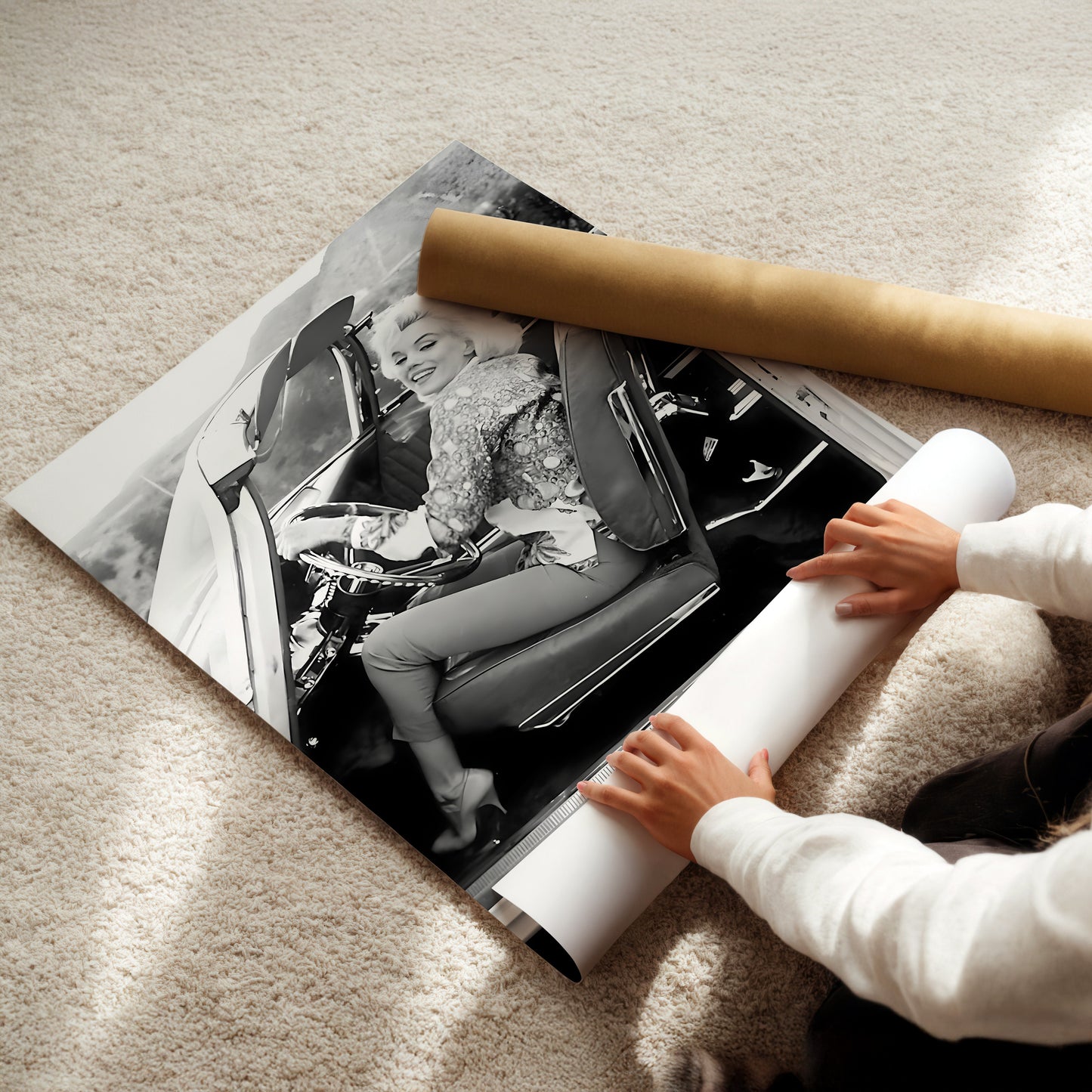 Marilyn Monroe in Car Canvas Print, Vintage Hollywood Icon Wall Art Poster, Classic Celebrity Glam for Timeless Home Decor