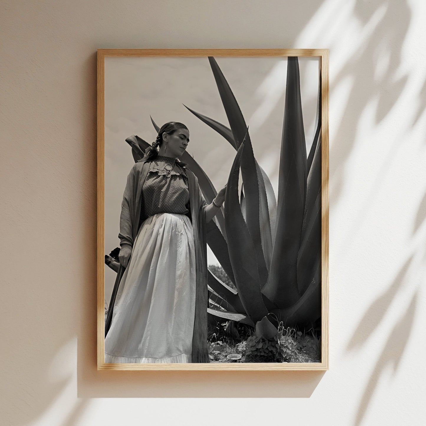 Frida Kahlo with Cactus - Iconic Black & White Mexican Portrait , Vintage Feminist Decor for Bold Interiors or Artistic Spaces