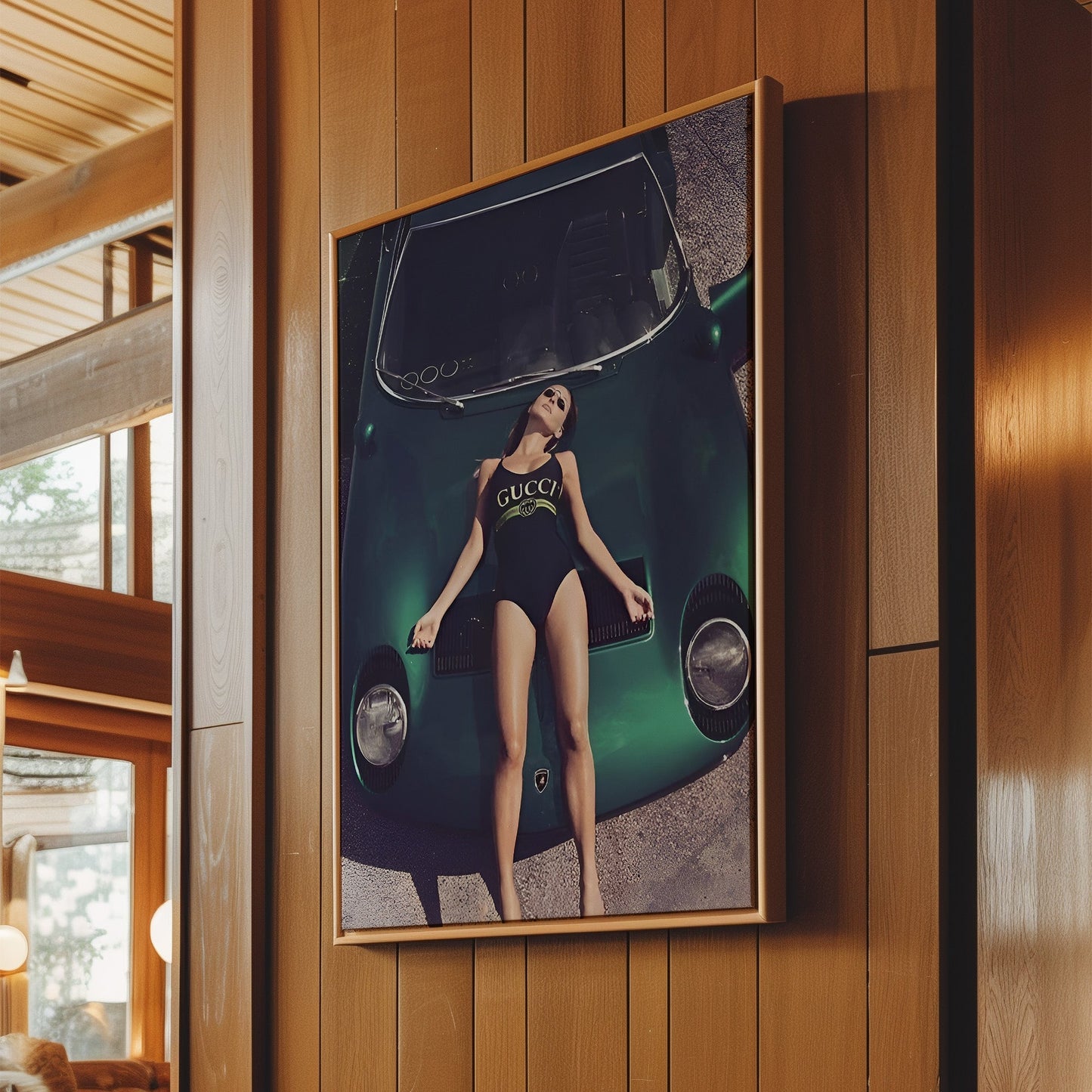 Model on Green Lamborghini Wall Art - Bold Fashion & Supercar Poster, Glam Editorial Print for Stylish Living Rooms or Dressing Spaces