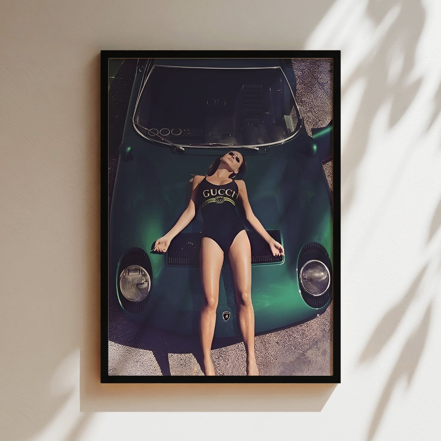 Model on Green Lamborghini Wall Art - Bold Fashion & Supercar Poster, Glam Editorial Print for Stylish Living Rooms or Dressing Spaces