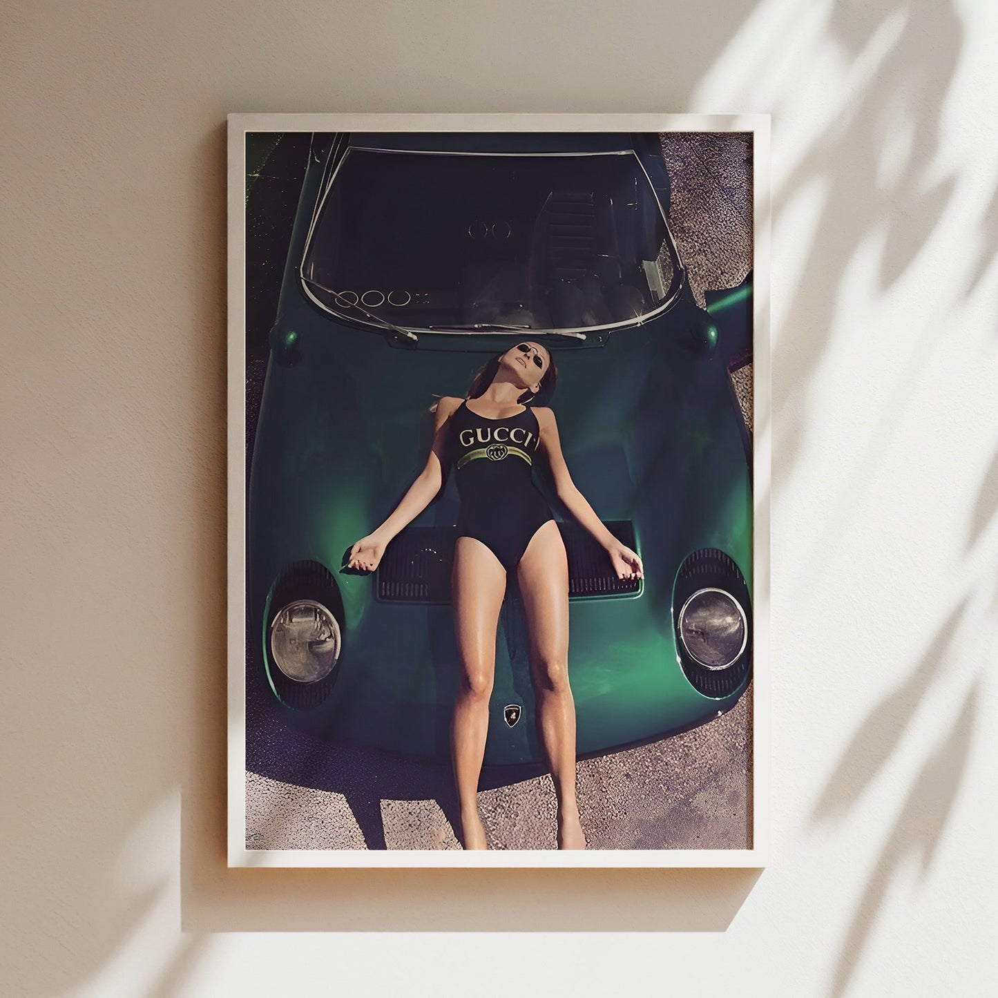 Model on Green Lamborghini Wall Art - Bold Fashion & Supercar Poster, Glam Editorial Print for Stylish Living Rooms or Dressing Spaces