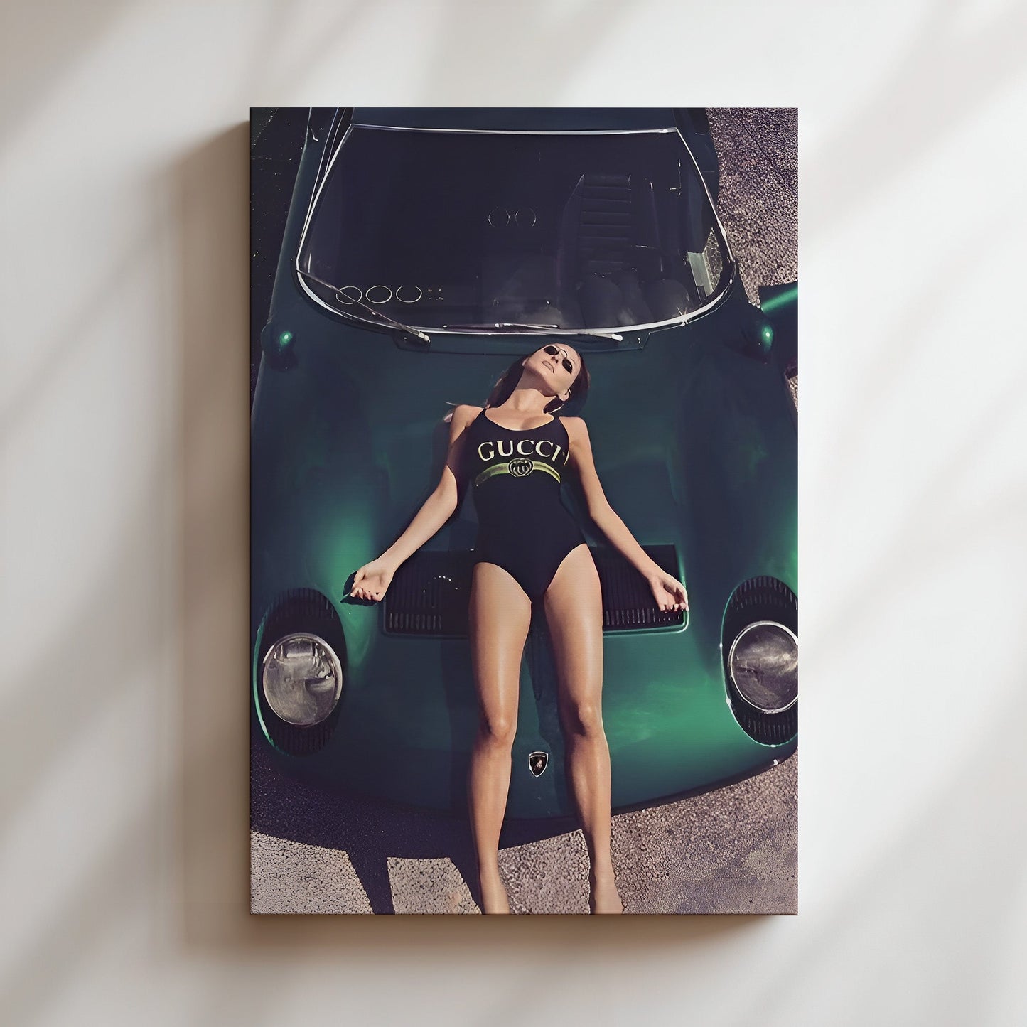 Model on Green Lamborghini Wall Art - Bold Fashion & Supercar Poster, Glam Editorial Print for Stylish Living Rooms or Dressing Spaces
