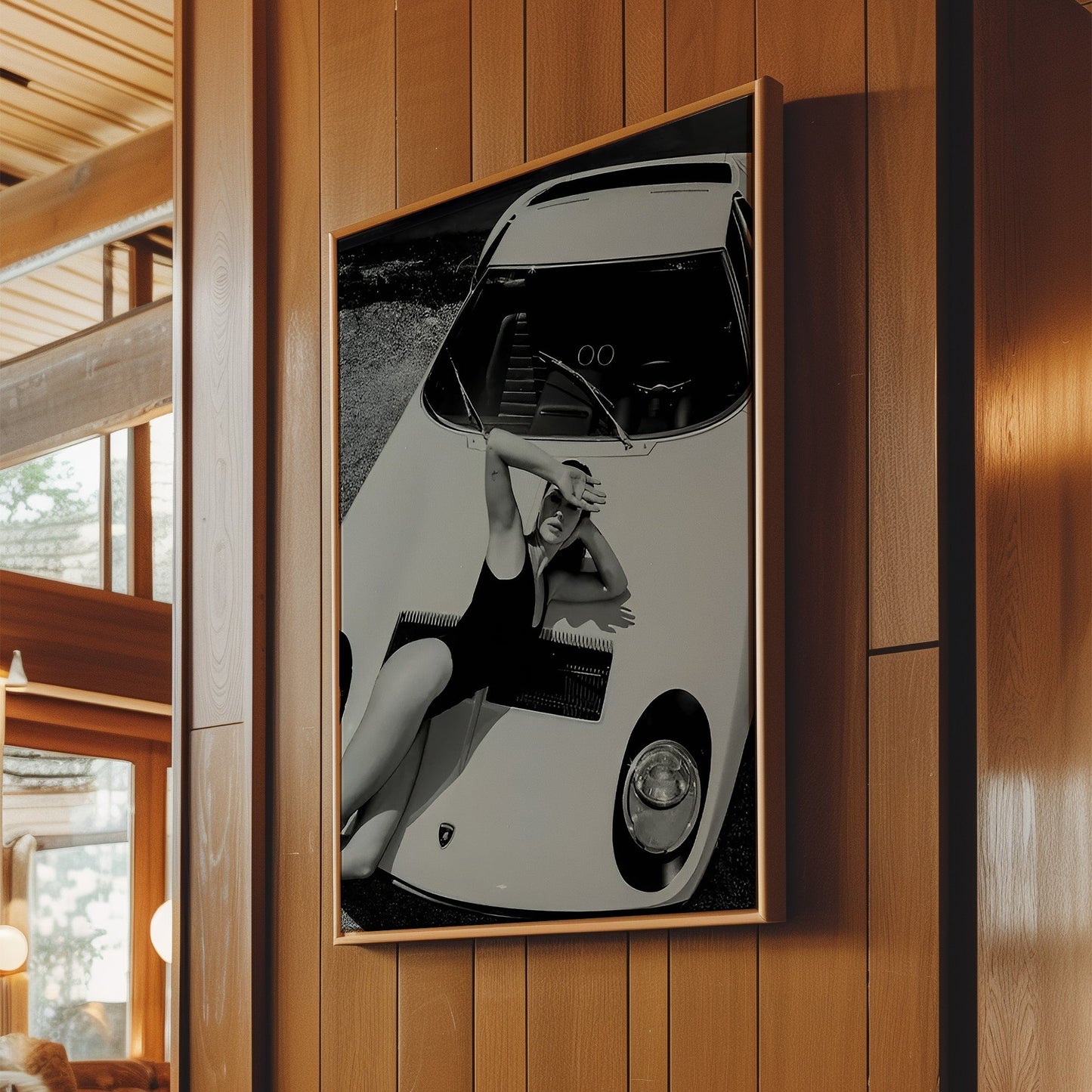 Model on White Lamborghini Wall Art - Sleek Fashion & Supercar Photo Poster, Stylish Decor for Modern Homes or Luxe Automotive Spaces
