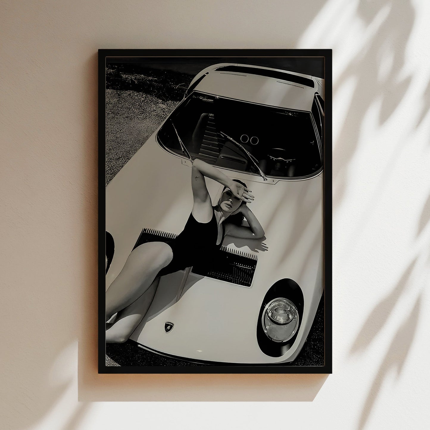 Model on White Lamborghini Wall Art - Sleek Fashion & Supercar Photo Poster, Stylish Decor for Modern Homes or Luxe Automotive Spaces