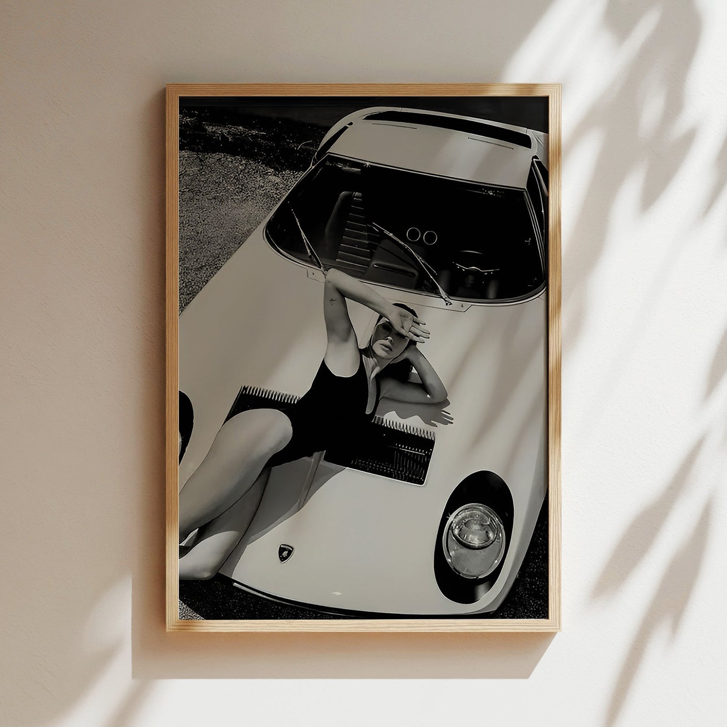 Model on White Lamborghini Wall Art - Sleek Fashion & Supercar Photo Poster, Stylish Decor for Modern Homes or Luxe Automotive Spaces