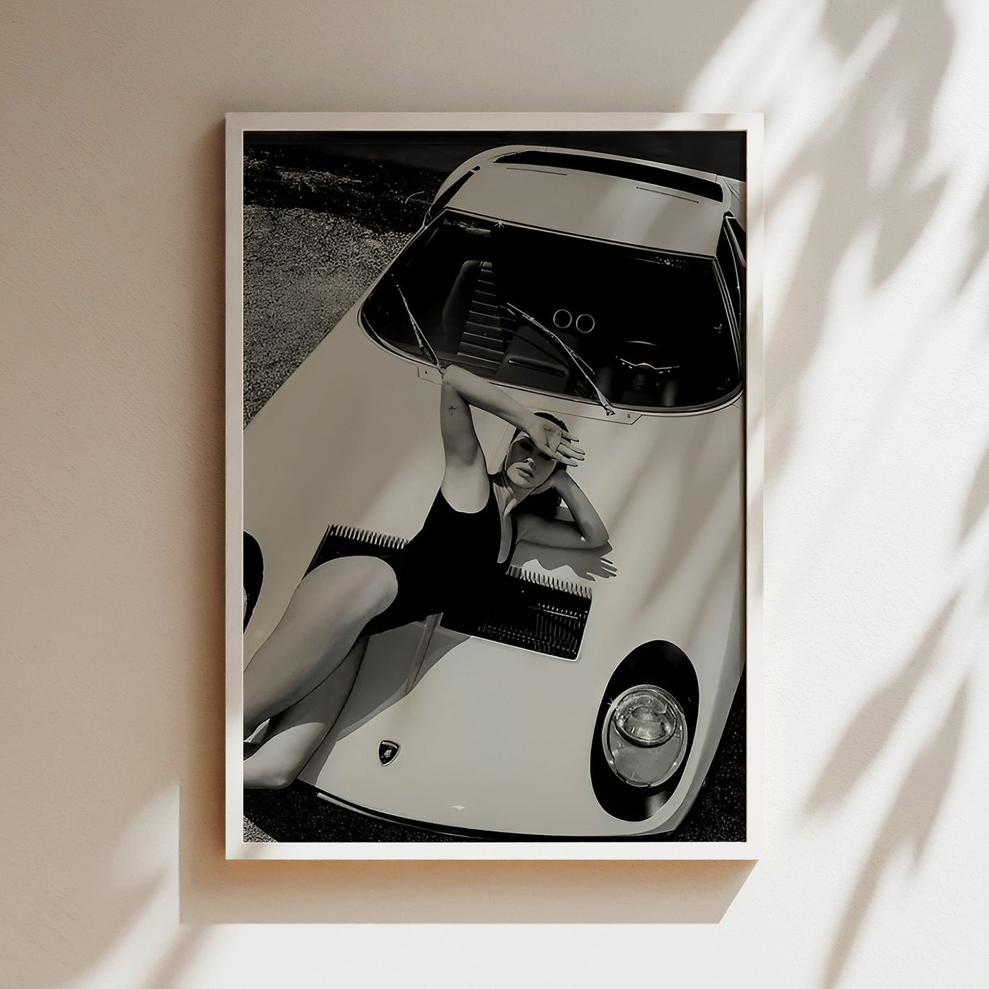 Model on White Lamborghini Wall Art - Sleek Fashion & Supercar Photo Poster, Stylish Decor for Modern Homes or Luxe Automotive Spaces