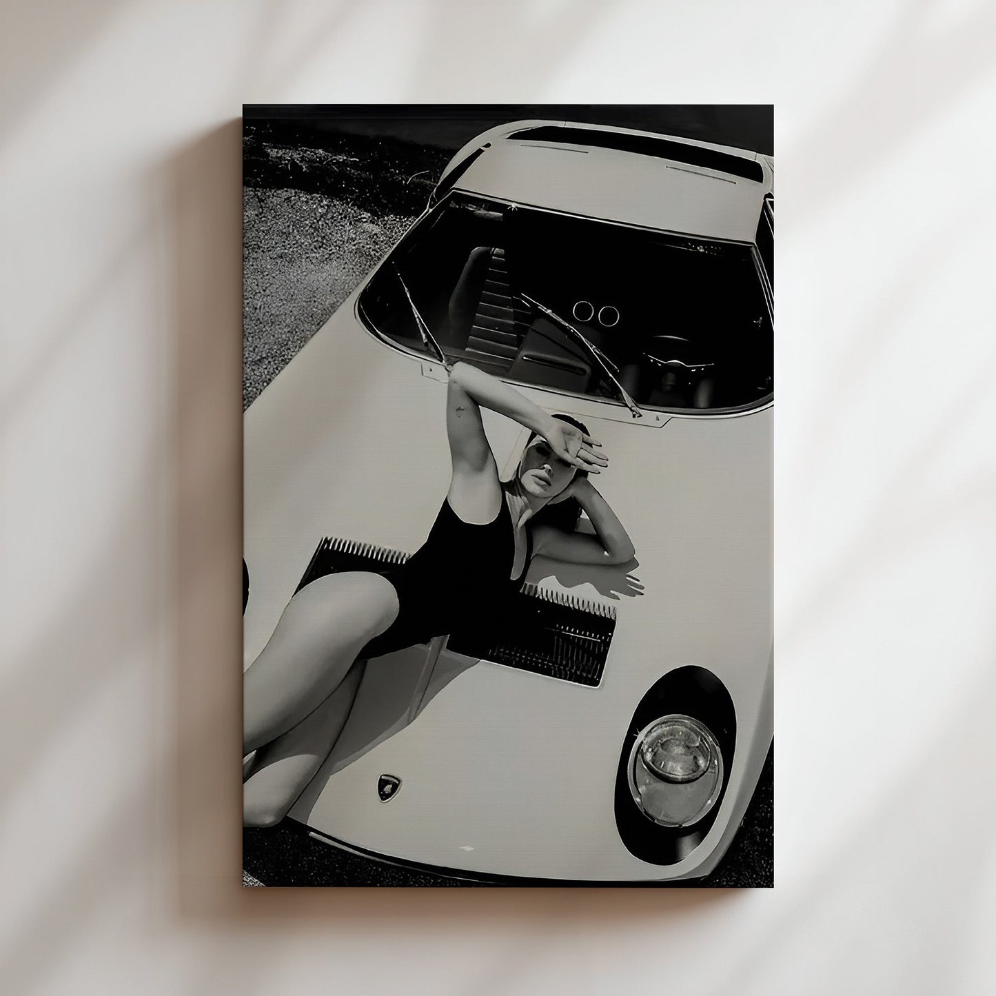 Model on White Lamborghini Wall Art - Sleek Fashion & Supercar Photo Poster, Stylish Decor for Modern Homes or Luxe Automotive Spaces