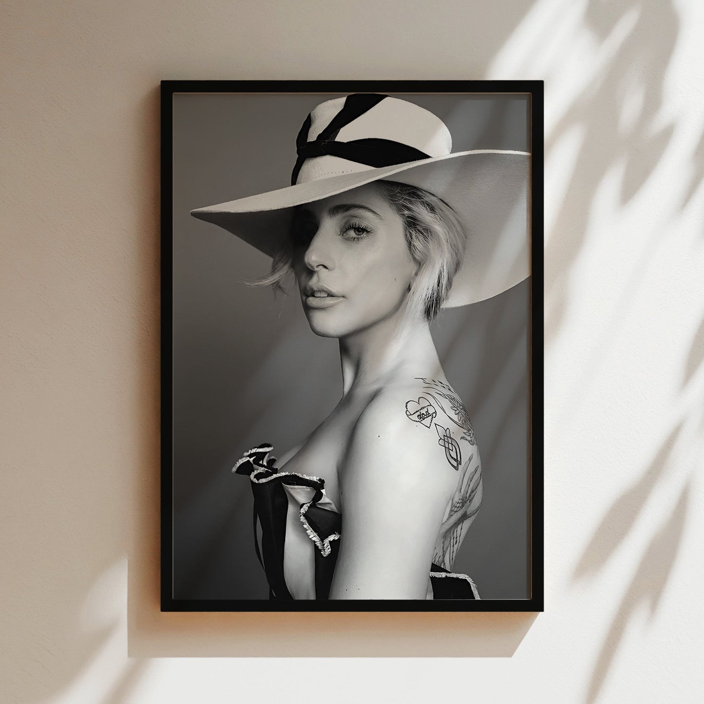 Lady Gaga Portrait Wall Art - Black and White Music Poster, Pop Icon Illustration, Monochrome Canvas Print, Stylish Decor, Celebrity Artwork